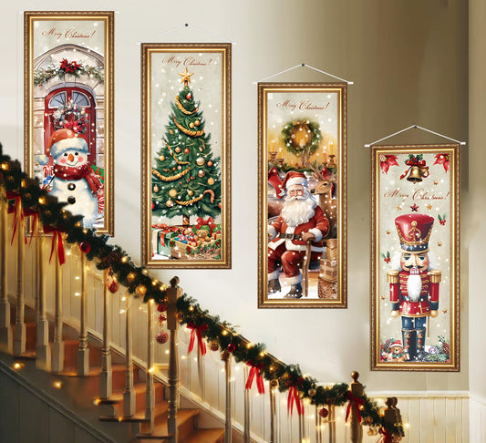 Aovaely 4 Packs Christmas Banners Porch Signs Holiday Decor Vintage Hanging Banner Christmas Tree Santa Snowman Nutcracker Decorations for Outdoor Indoor Xmas Party Supplies Wall Art