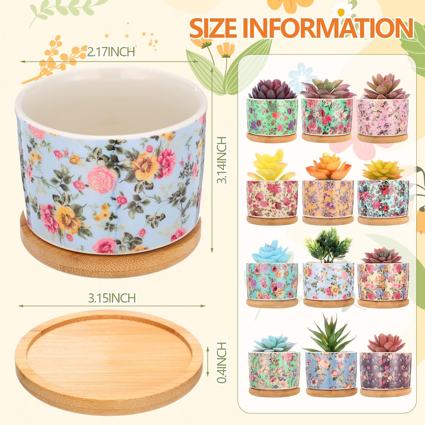 Threehoney 12 Pack 3.14 Inch Ceramic Succulent Plant Pots Mini Flower Cylinder Pots with Drainage Hole and Bamboo Trays for Small Plants Flowers Cactus Home Office Decor(Chinoiserie)