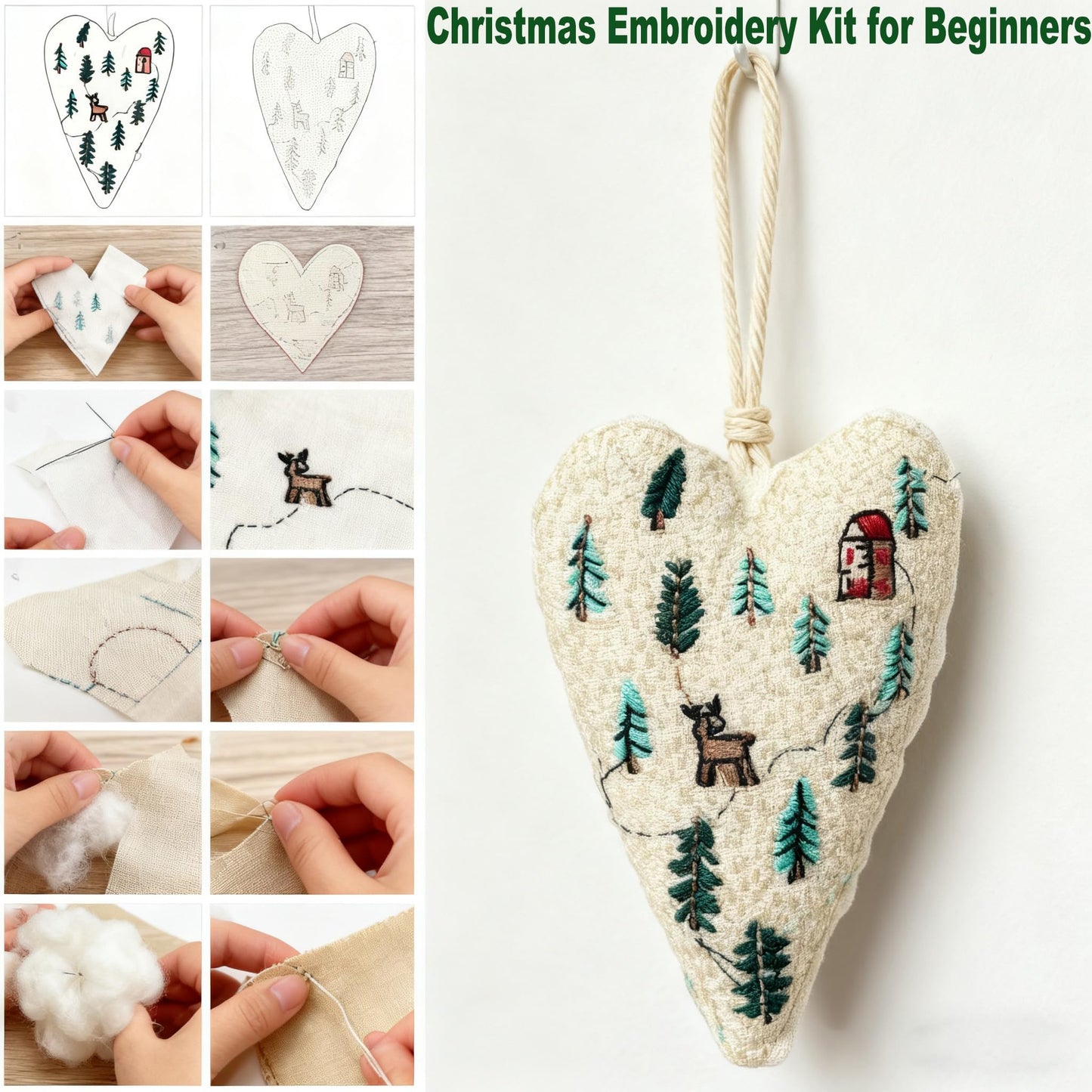 GDGJWL DIY Heart Shaped Hand Embroidered Christmas Ornament Kit Complete Craft Set with Pre-Printed Fabric Embroidery Thread Holiday Cross Stitch Decor for Beginners Adults and Home Decor (DIY)