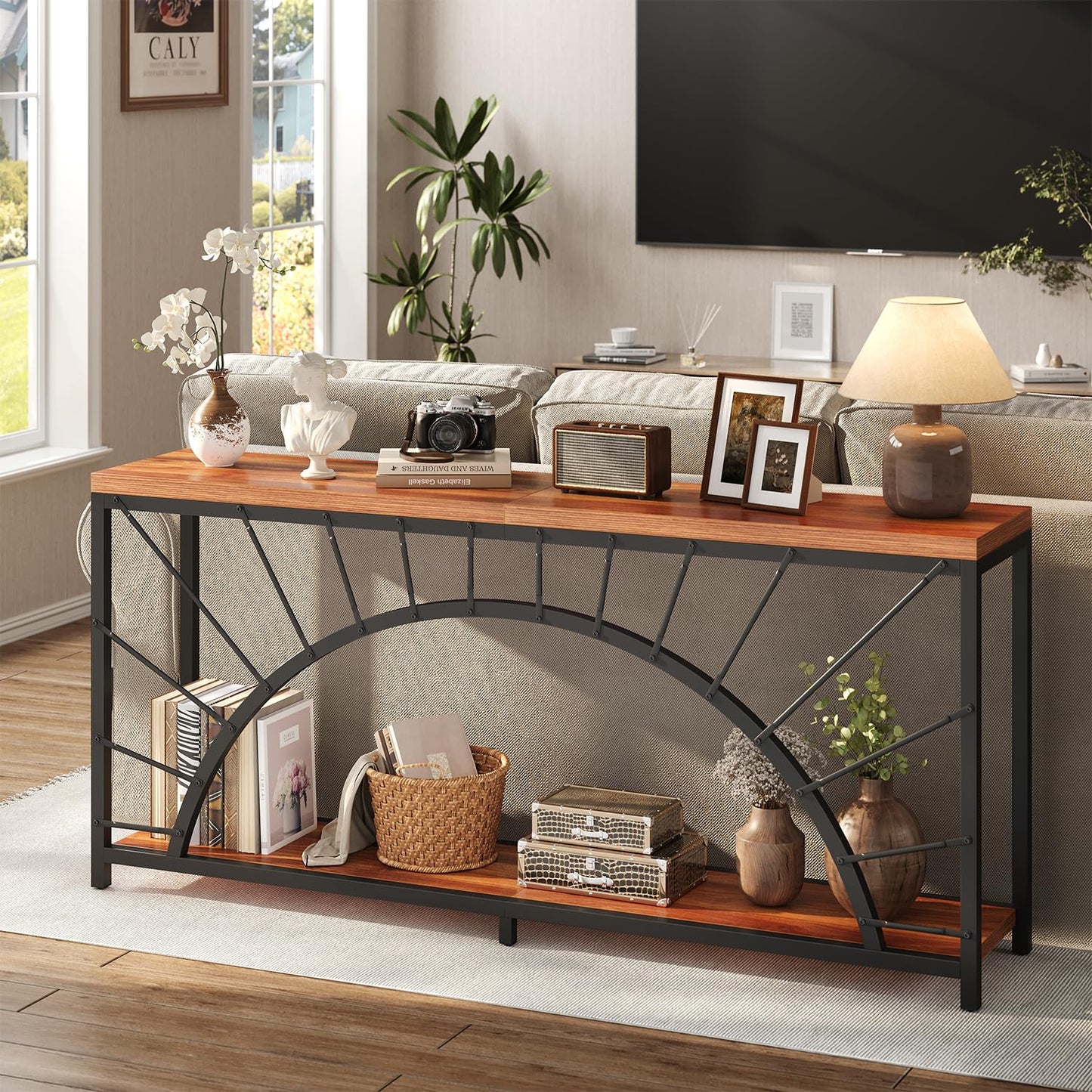 70.9 Inch Console Table, Extra Long Industrial Sofa Tables, 2-Tier Behind Couch Table, Foyer Tables for Entryway, Hallway, Living Room, Unique Design