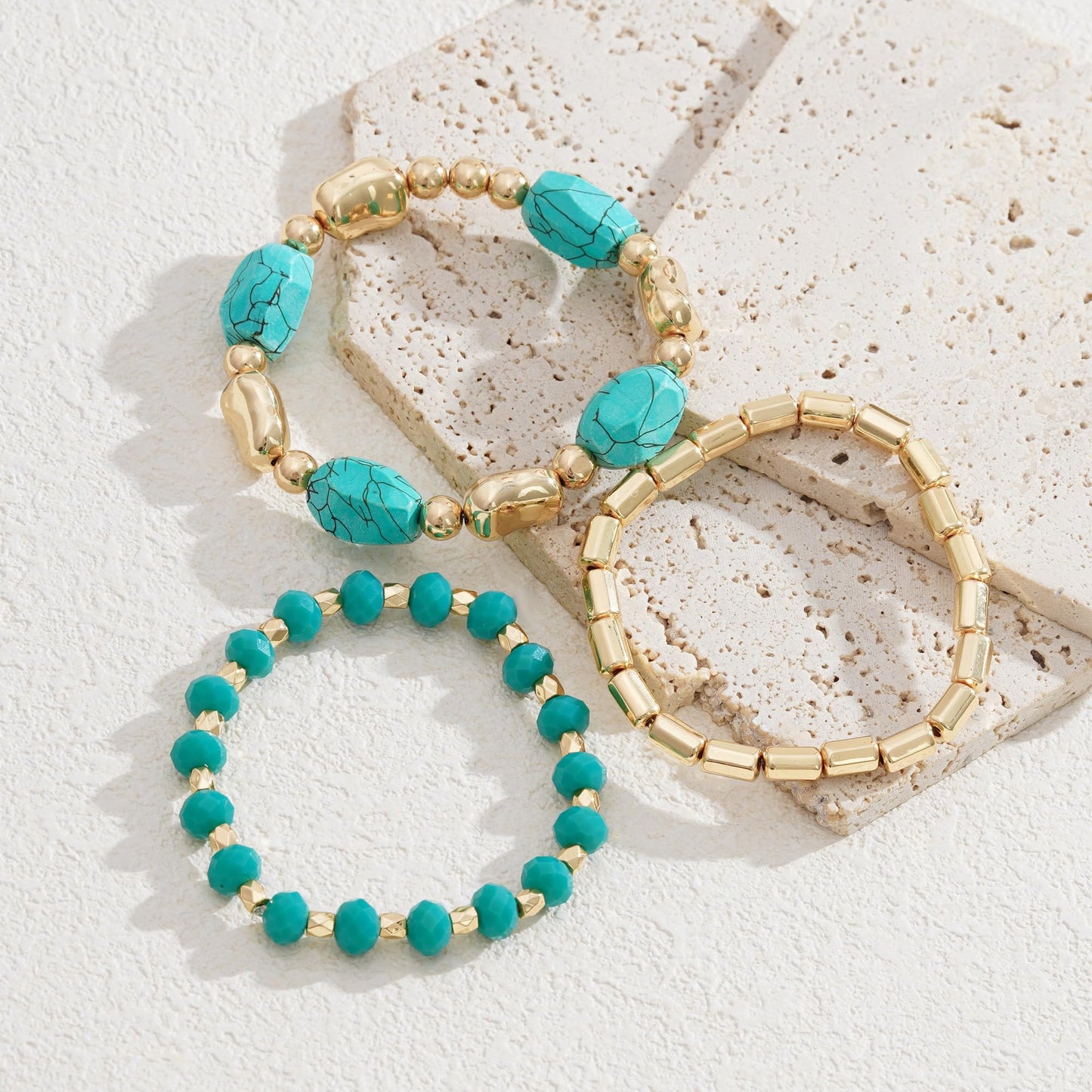 Aigrnc Boho Beaded Stretch Bracelets For Women Stackable Crystal Gold Plated Beaded Bracelets Set Trendy Handmade Friendship Braeclet Jewelry Gifts (L-Turquoise 3 pcs)