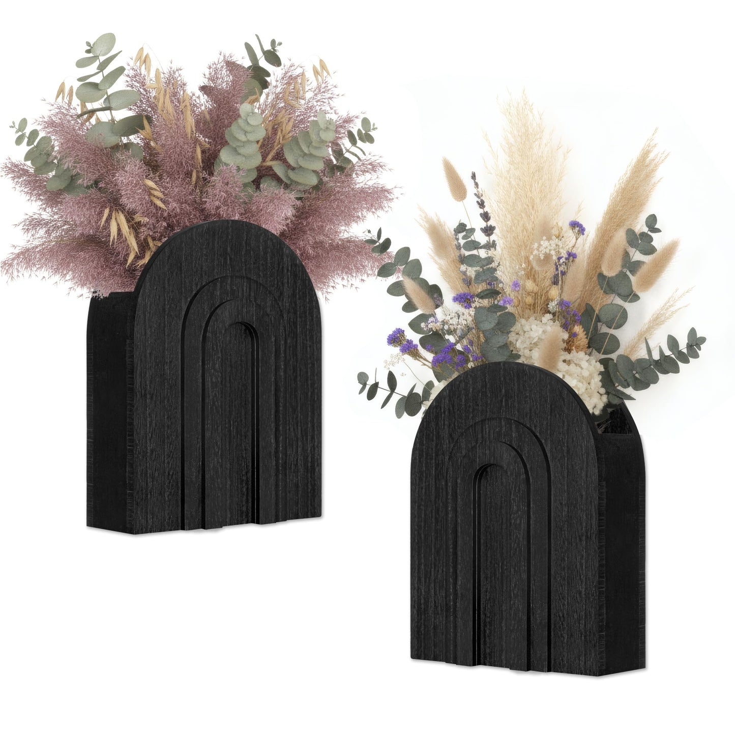2 Pack Black Wooden Wall Vase for Pampas Grass & Dried Flowers, Modern Minimalist Decor for Living Room Bedroom, Hanging Wall Plant