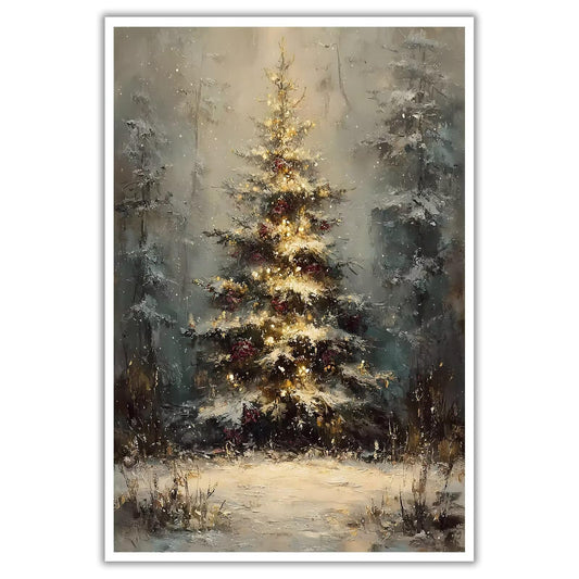 Snowy Christmas Tree Wall Art Vintage Cozy Rustic Canvas Prints Modern Winter Aesthetic Poster Painting Nature Holiday Painting Decor Picture Decor for Living Room Bedroom 12x16inch Unframed
