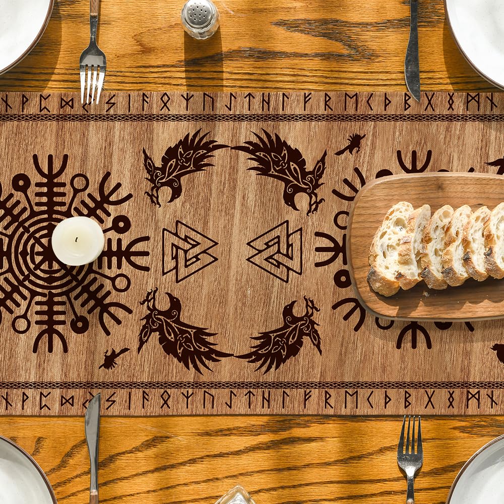 Artoid Mode Wood Viking Tree of Life Raven Helmet of Awe Table Runner, Seasonal Kitchen Dining Table Decoration for Home Party Decor 13x72 Inch