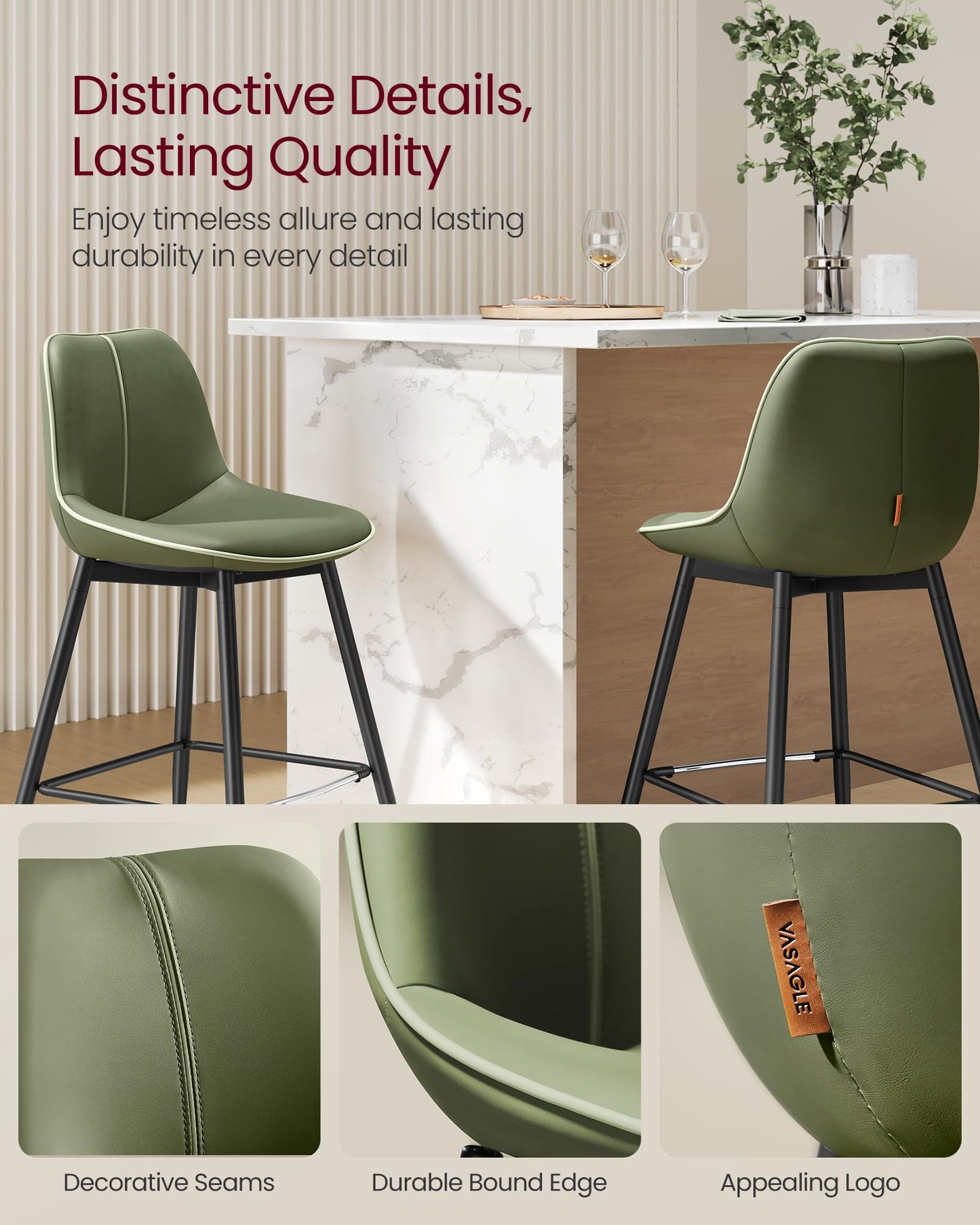 VASAGLE Bar Stools Set of 2, Counter Height Bar Stools with Back, Ergonomic Backrest, Synthetic Leather, Metal Legs, 24.8-Inch Tall Barstools for Kitchen Island Home Bar, Easy Assembly, Forest Green