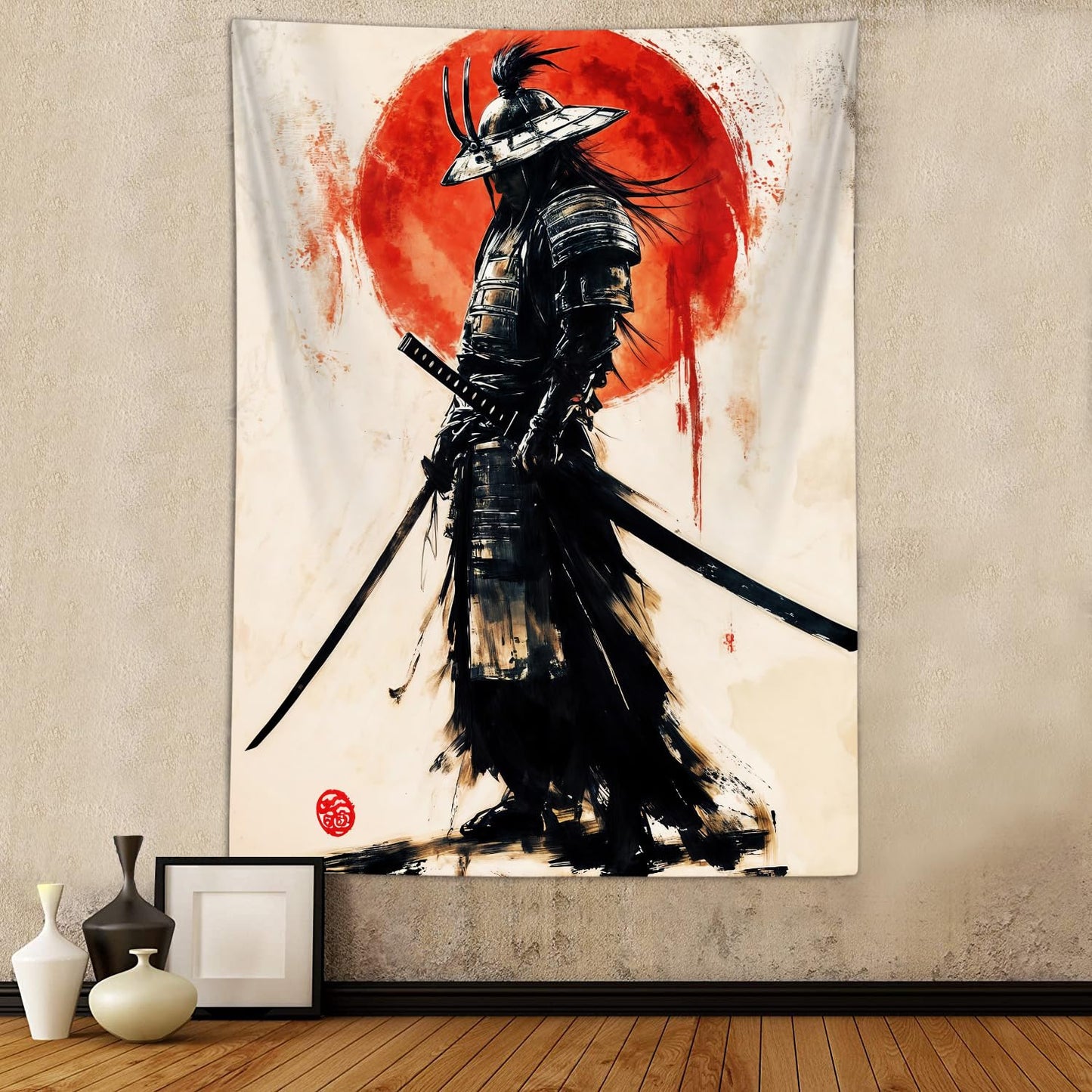 Sanzugh Anime Japanese Samurai Tapestry, Cool Japan Black and Red Sun Art Tapestries Wall Hanging for Men Boys Bedroom Decor 40X60 Poster