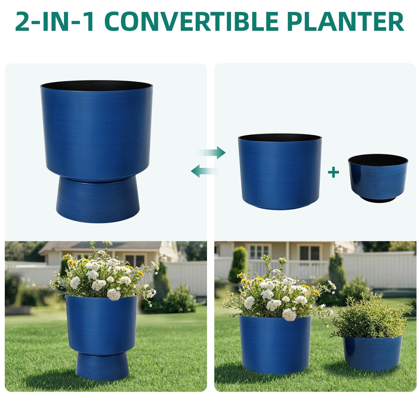 Ultym 16.8" 2-Pack Urn Planters for Outdoor Indoor Plants, Modern 2-in-1 Large Flower Pots with Detachable Base, Drainage Holes, Weather-Resistant for Garden Patio Home Office Decor, Brushed Blue
