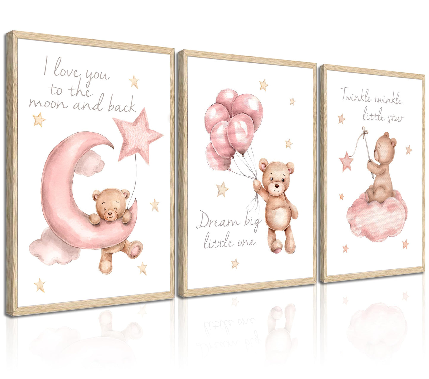 3Pcs Pink Teddy Bear Nursery Wall Art Prints, Dream Big Little One I Love You to the Moon and Back Twinkle Twinkle Little Star Posters, Baby Girl Room Decor for Nursery Playroom 12x16in Unframed