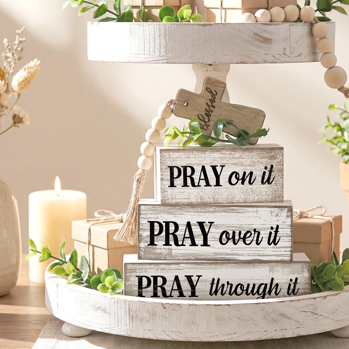 Moucuny 4 Pcs Christian Table Decor Wooden Cross Wooden Bible Verse Sign Inspirational Religious Christian Centerpiece Pray Block Signs Farmhouse Table Decoration for Mother's Day