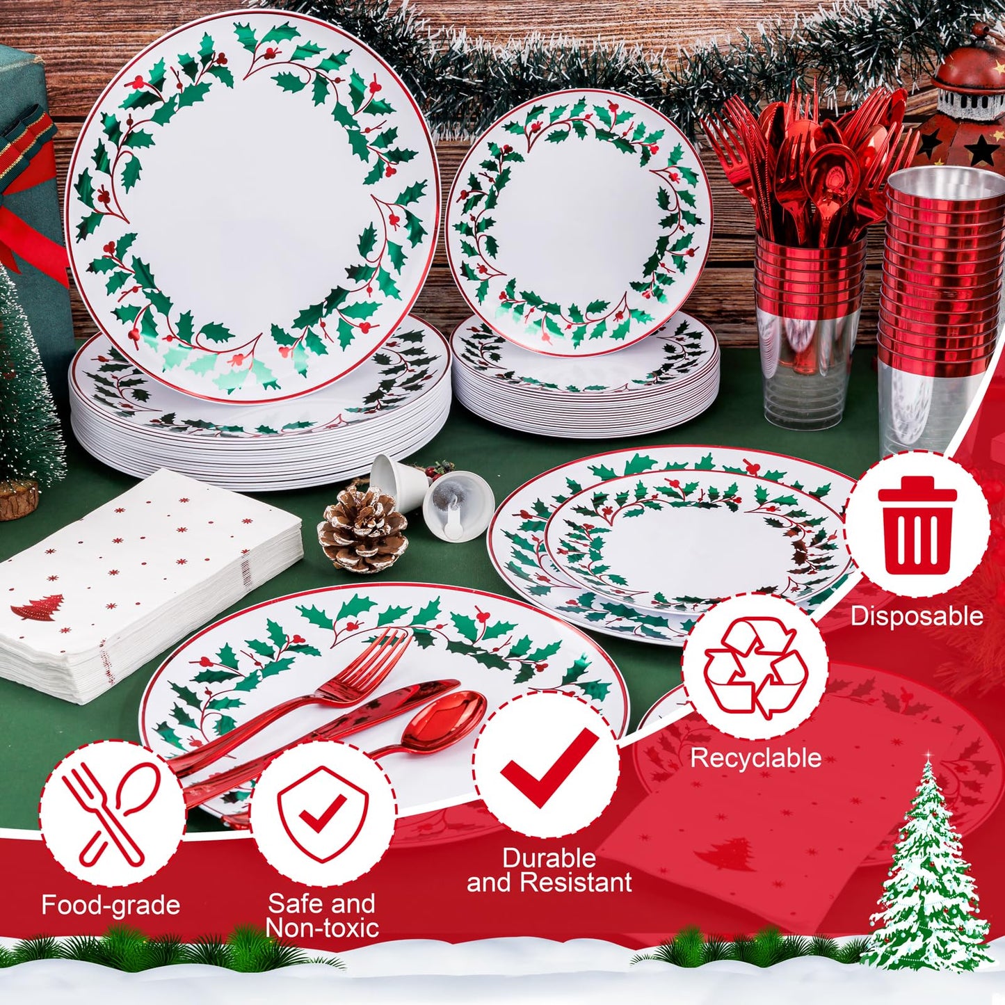 WDF 175Pcs Disposable Christmas Plates & Napkins - 25 Dinner & Dessert Plates, 25 Utensils, 25 Cups, 25 Christmas Napkins
