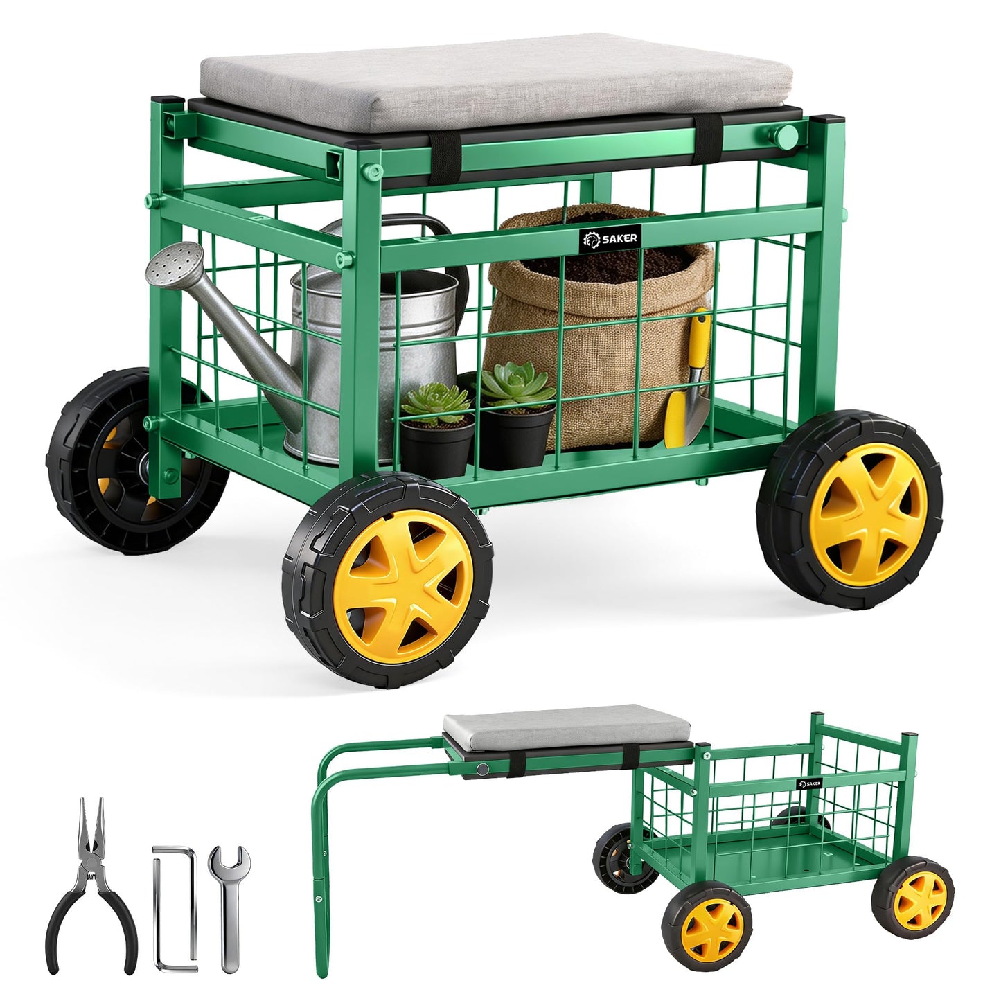 Saker Rolling Garden Cart with Seat & Wheels - 15.7'' EVA Padded Rolling Stool, 500 lb Steel Frame, Large Storage Basket - Garden Wagon Workseat for Patio Lawn Yard (Basic Version)