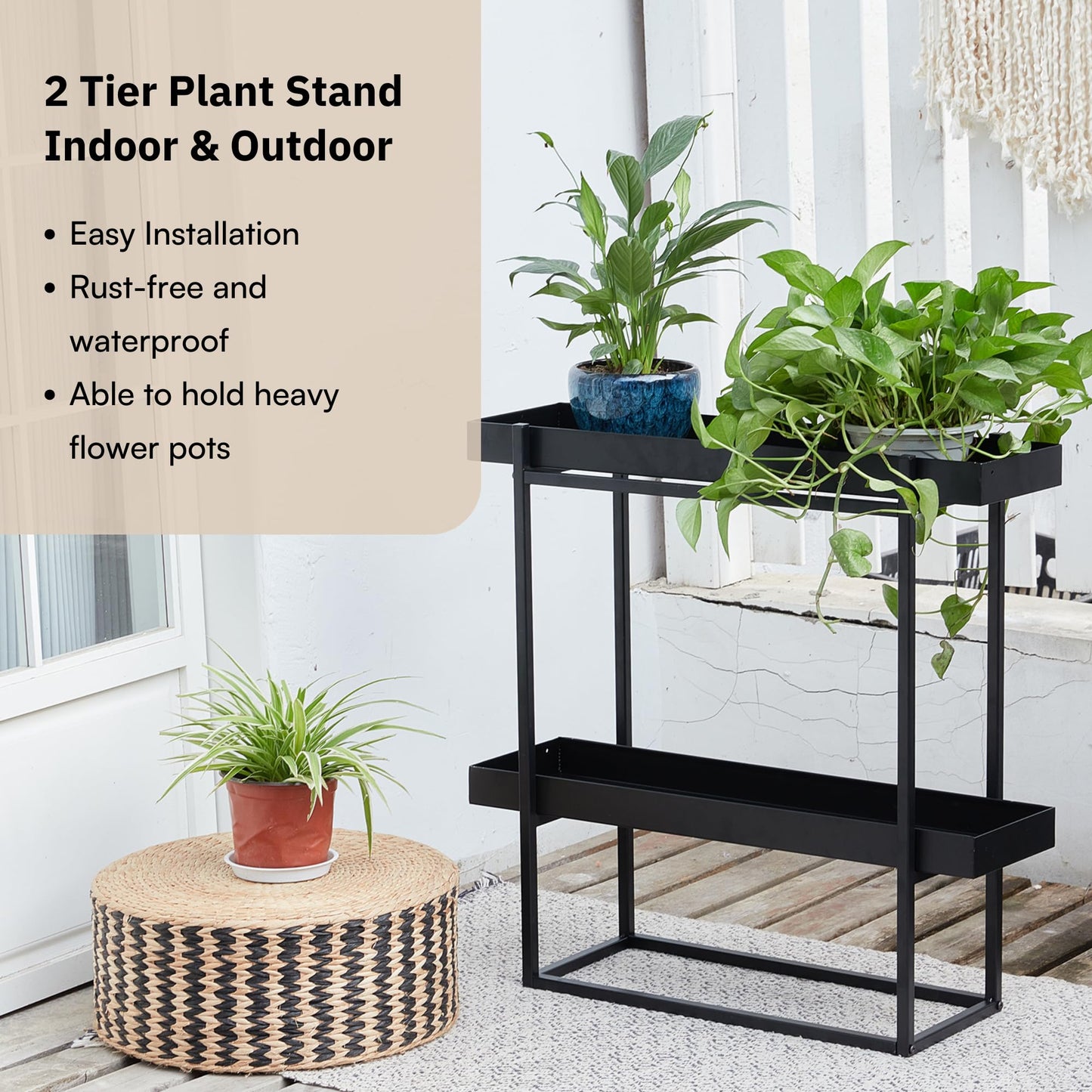 Levende Plante 2 Tier Plant Stand Indoor Outdoor - 29 x 9 x 28 Inches Plant Shelf for Home and Office Decor - Narrow Plant Stand for Lawn, Patio, Balcony and Living Room - Heavy Duty Iron - Black