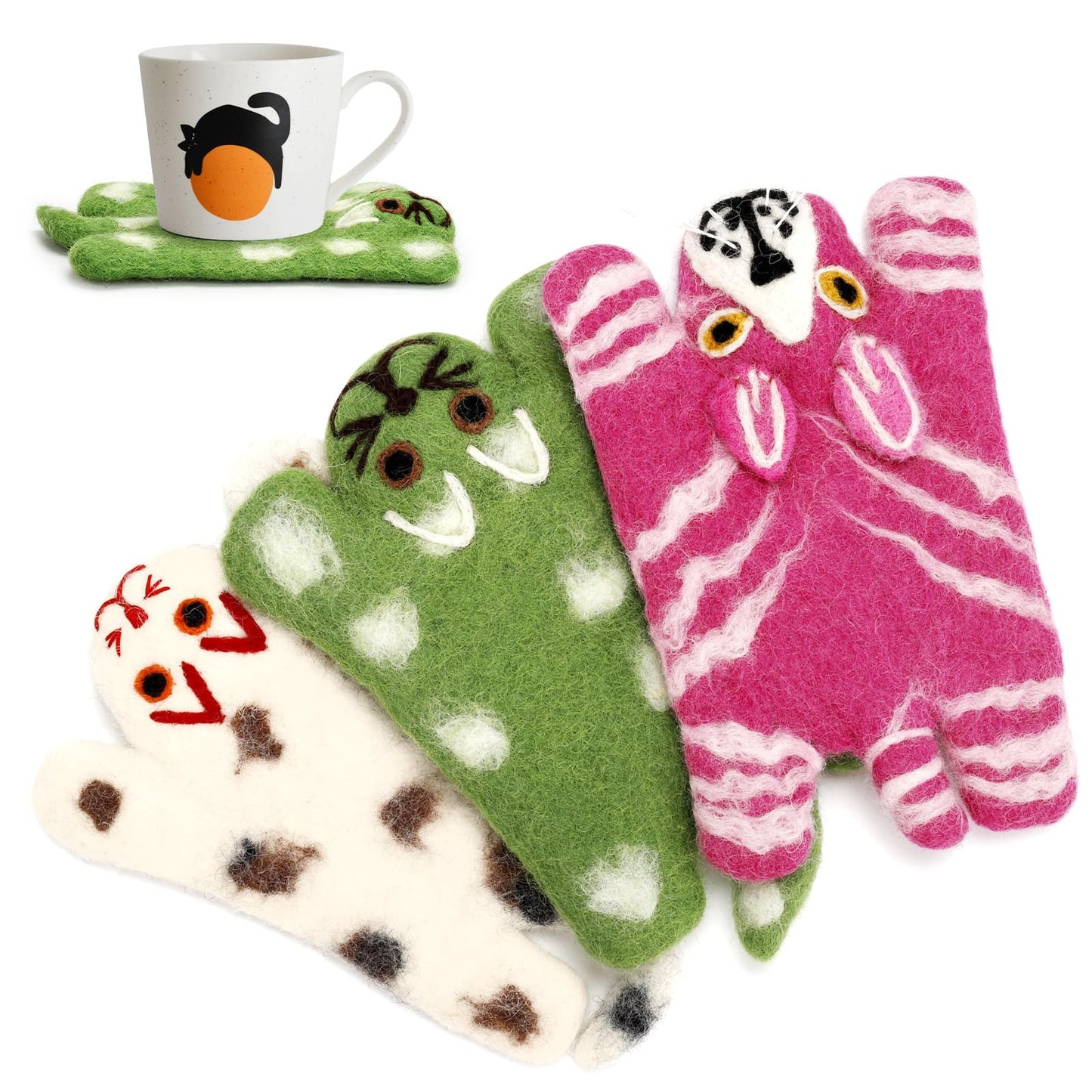 Handmade Wool Felt Cat Coasters Set - 3 Adorable Cats - Shaped Drink Coasters,Non-Slip Cup Mats for Cat Loves, Cute Kitty Design for Coffee Table, Desk, and Home Decor (Eco-Friendly & Absorbent)