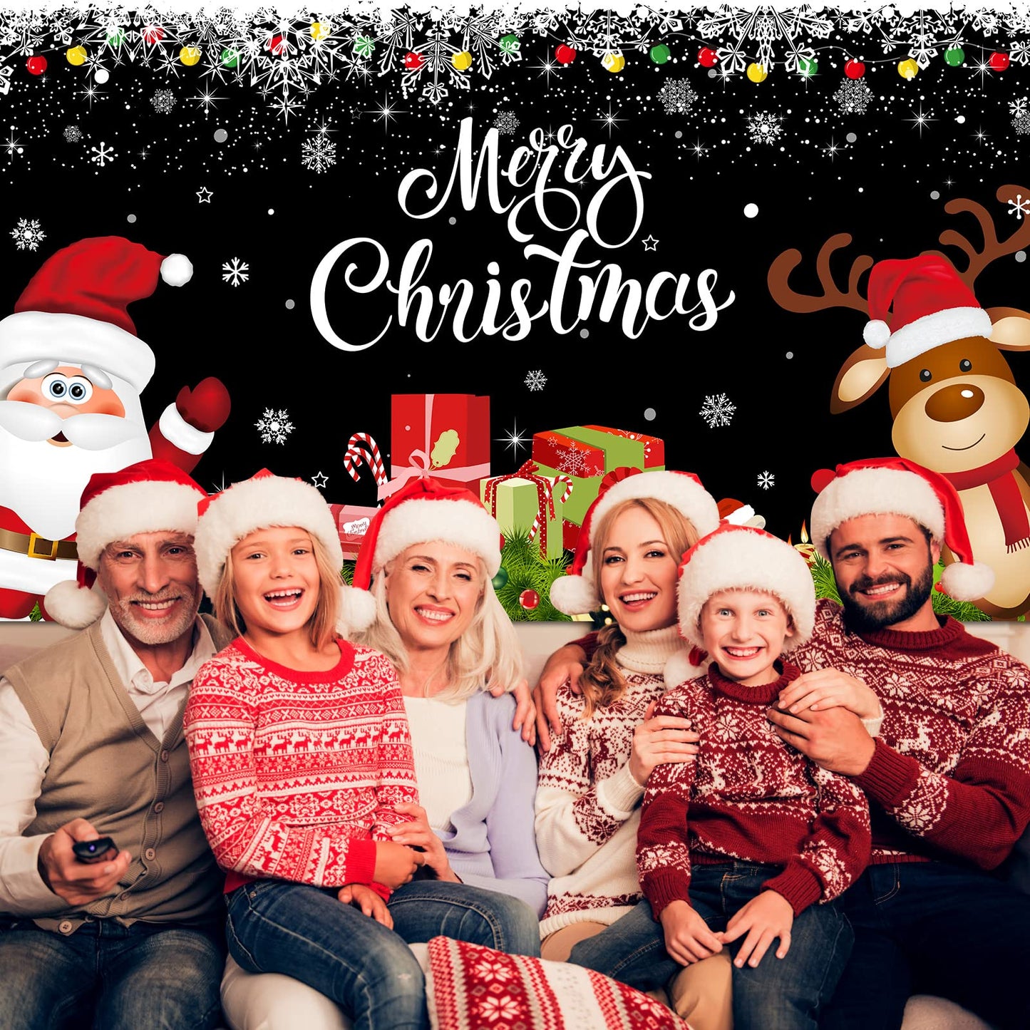 Irenare Christmas Banner Backdrop, Black Santa Claus Reindeer Merry Christmas Banner 72.8 X 43.3 Inch Indoor for Xmas Holiday Party Photo Booth Photography Wall Hanging Decor