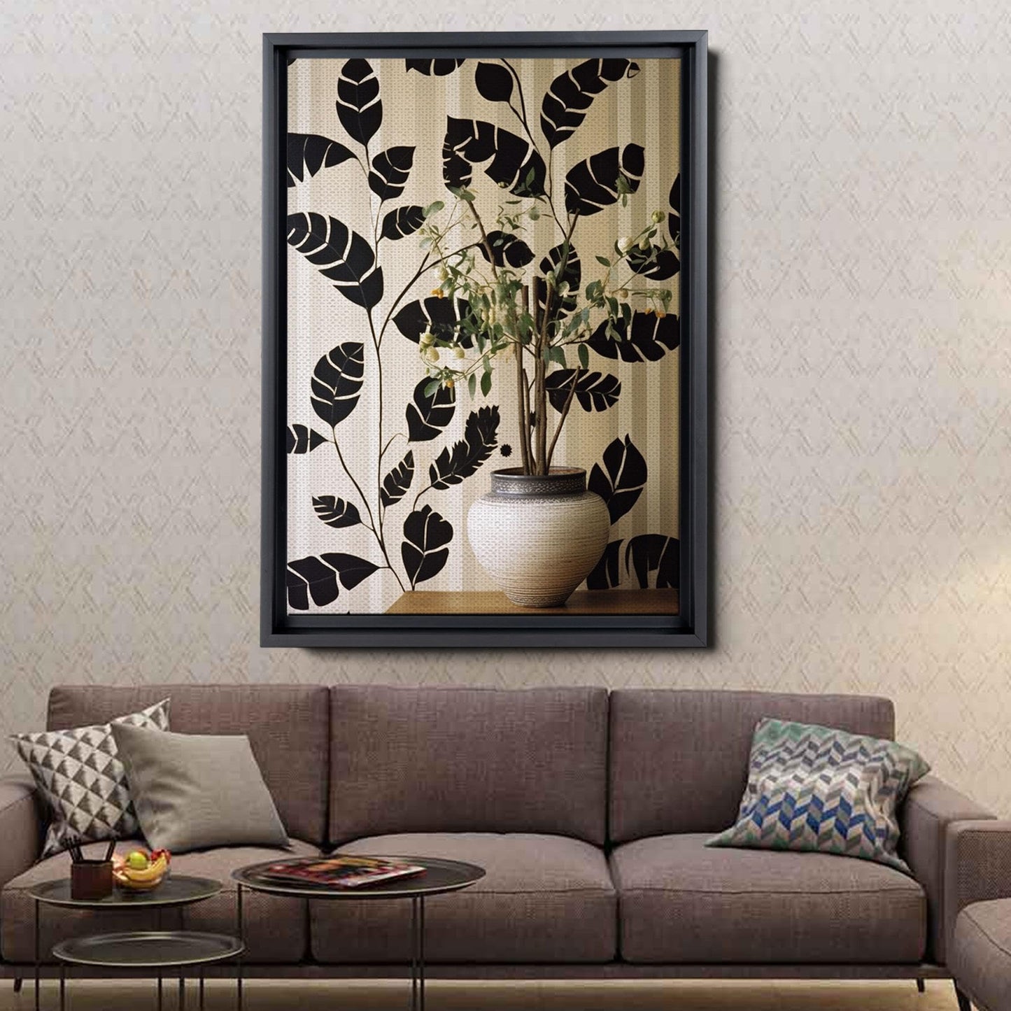 Scandinavian Folk Art, Black and Beige Abstract Botanical Wall Art for Scandinavian Home Decor