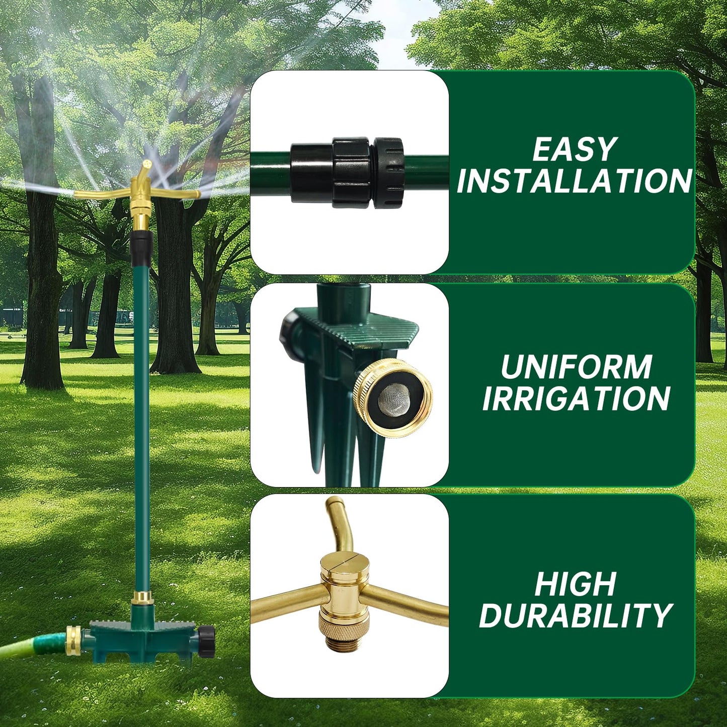 3-Arm 360° Rotating Garden Sprinkler, 2 Pack Telescoping Sprinkler with Spike, Brass Garden Lawn Water Sprinkler for Large Area up to 40 Inches
