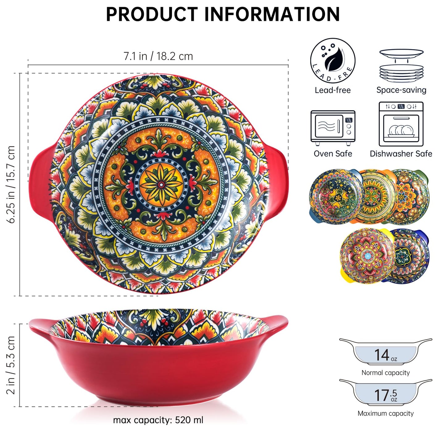 Henten Home Ceramic Soup Bowls Set, 14 oz Cereal Bowl Set of 6, Porcelain Small Dessert Bowls with Handle, for Serving, Snack, Salad, Bohemian, Microwave & Dishwasher Safe