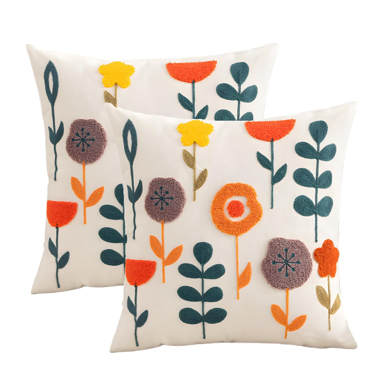 TAOSON Pack of 2,Flowers and Leaves Pattern Embroidered Throw Pillow Cover,Cotton Canvas Cushion Covers, Spring Farmhouse Decor, Valentine's Day Gift Square Farmhouse Floral Pillow Case 18" x18"
