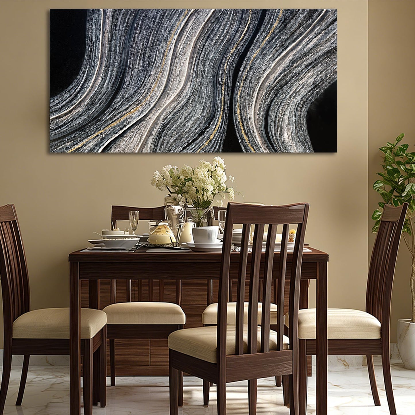 ZUNARE Modern Abstract Canvas Wall Art with Blue Gray and gold Linear Design, Minimal Tonal Artwork Creating a Peaceful Atmosphere for Bedroom Living Room Office Kitchen 24"x48"