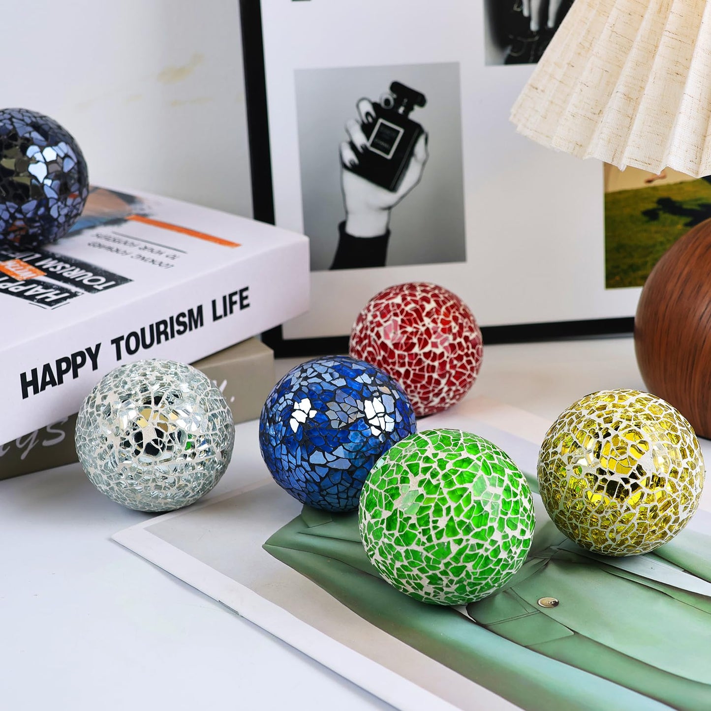 Yazikisa 2.5 Inch Glass Balls Decorative for Bowl Blue 6 PCS Mosaic Crack Orbs Set Solid Round Sphere Globe Vases Filler Coffee Table Holiday Ornaments Mantle Decor Modern