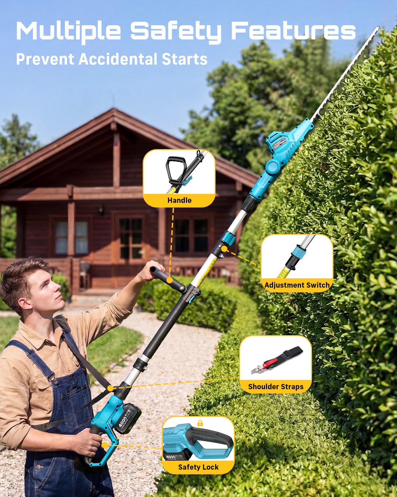 SEESII 2-in-1 Cordless Pole Saw & Hedge Trimmer Combo, 8" Electric Pole Chainsaw with 2×4.0 Ah Batteries, 16-Inch Extension Pole Hedge Trimmer, Bush Tree Pruner Limb Branch Cutter, 15ft Long Reach
