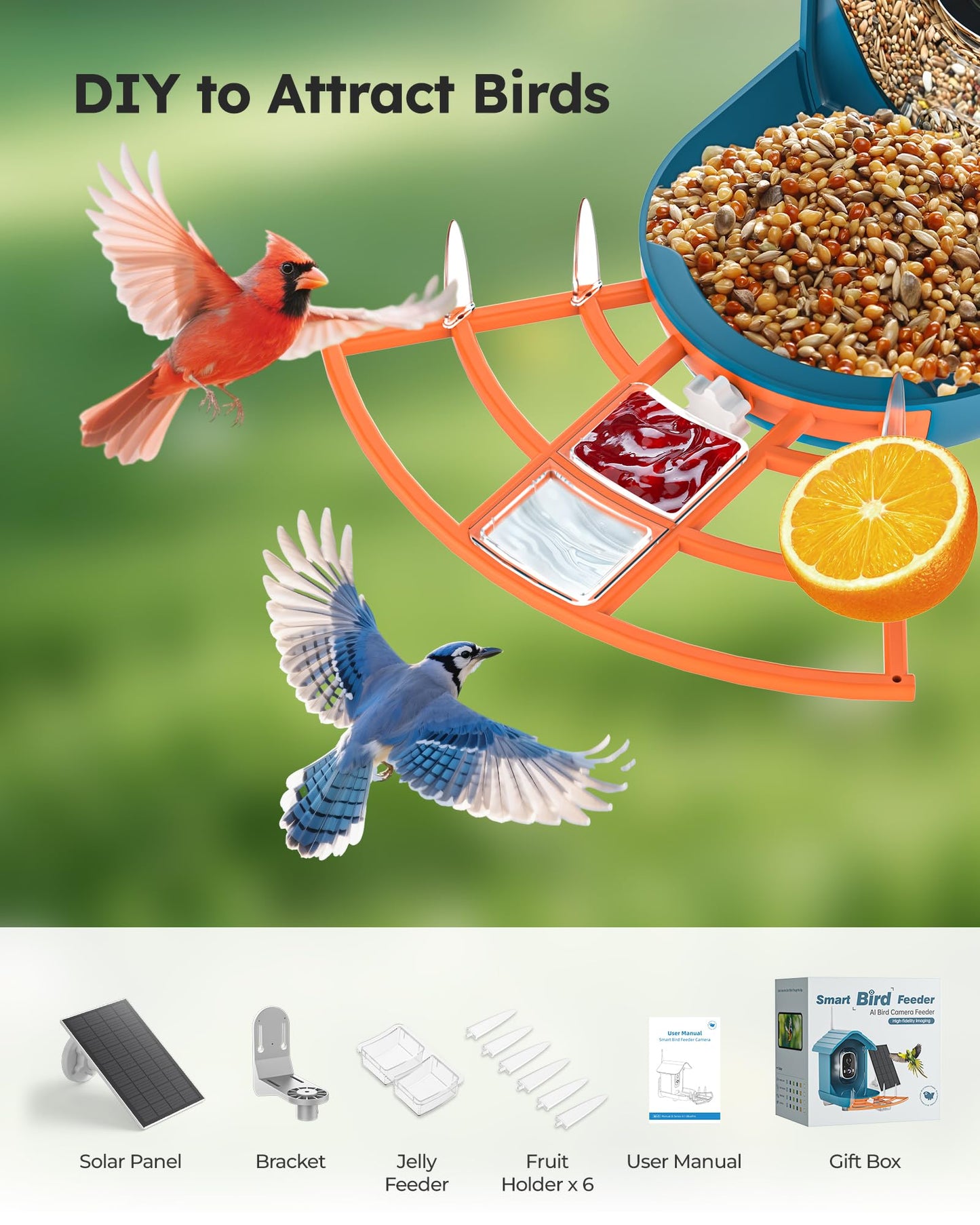 Smart Bird Feeder with Camera Solar Powered for Outdoors 2K FHD AI Recognition Hanging Bird Feeder Camera for Outside Backyard Garden, Gifts for Birdlover Mom Dad Kid (Deep Blue and Orange)