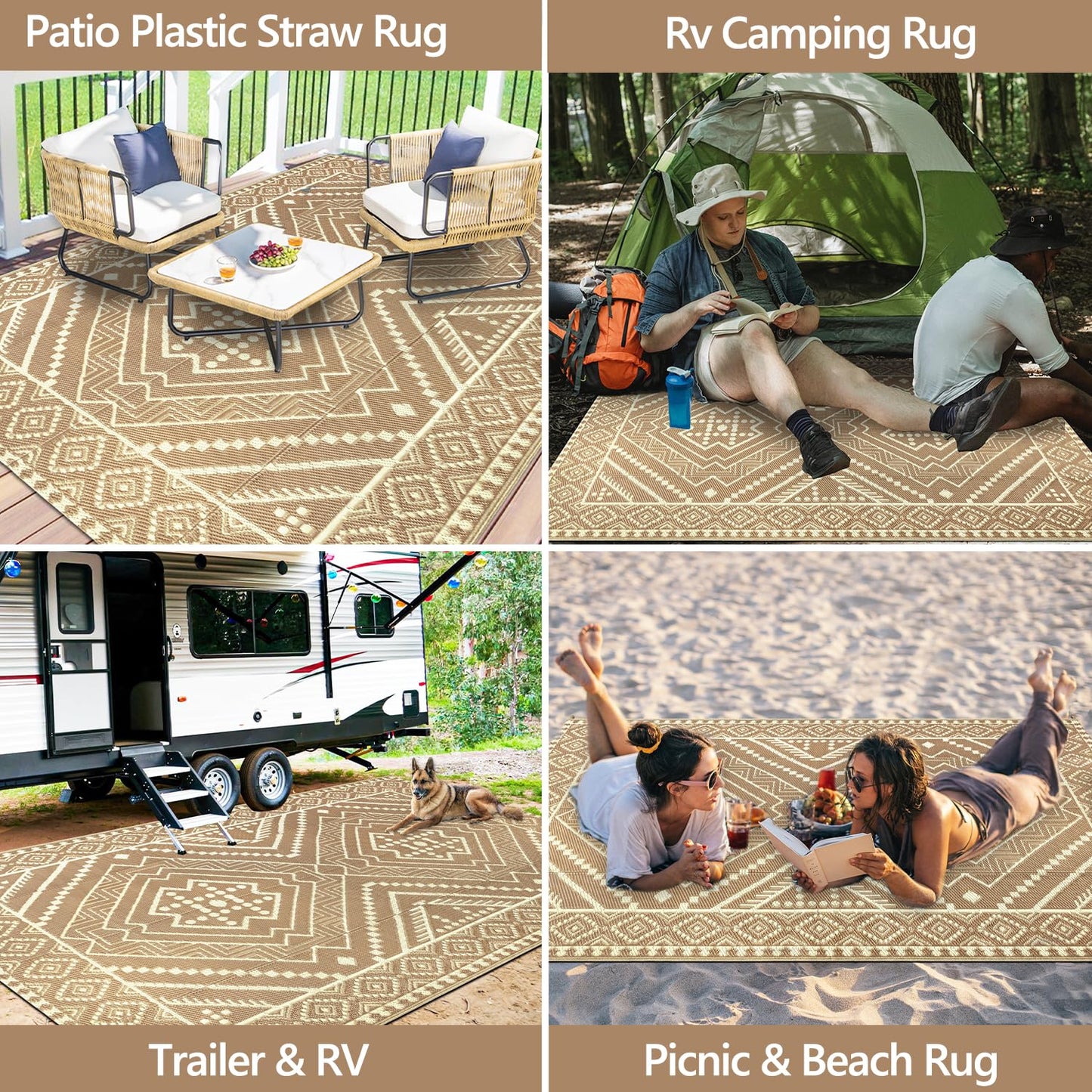 VSIWB Waterproof Outdoor Rug 5x8 ft, Reversible Plastic Straw Mat, Large Floor Mat for Patio, Camping, Picnic, Backyard RV, Deck, Beige