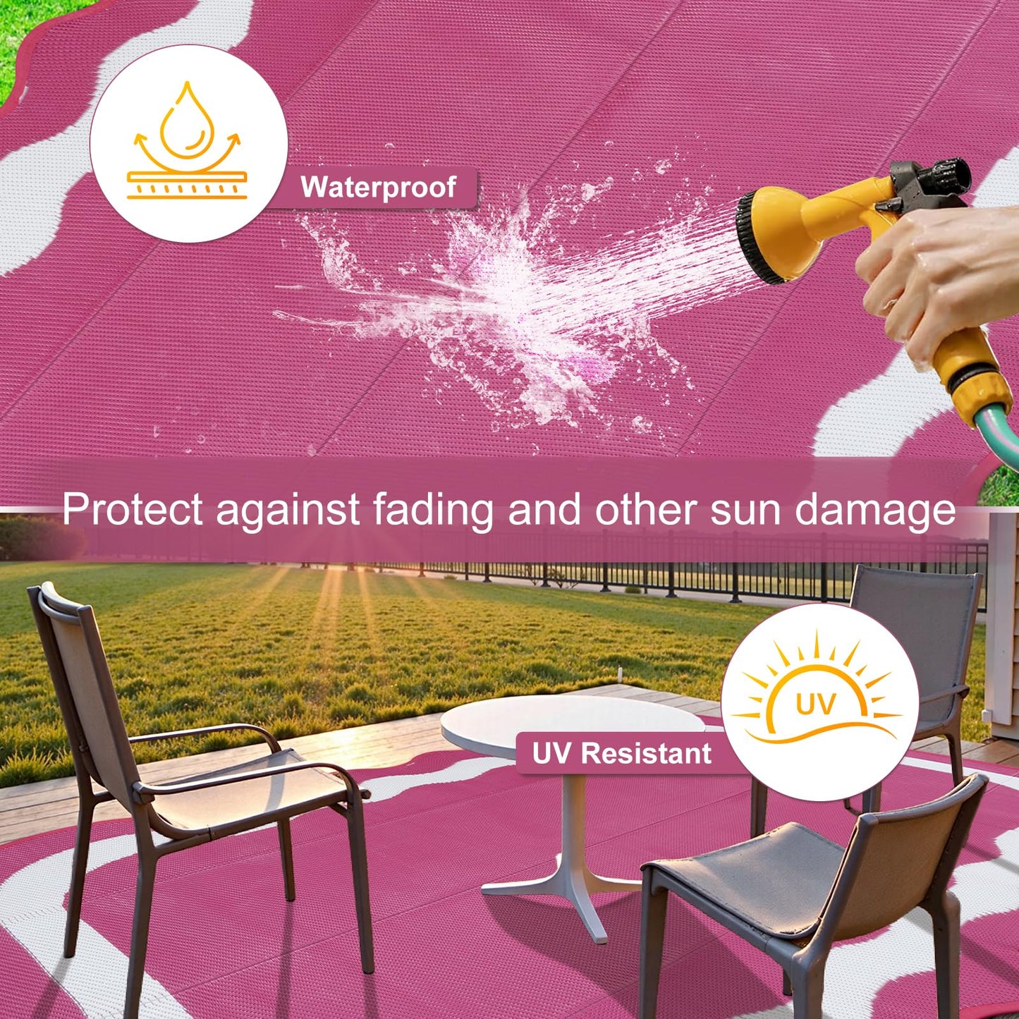 Uphome Outdoor Rug Waterproof 8x10, Large Reversible Pink Scalloped Patio Plastic Straw Rugs, Foldable Modern RV Camping Outside Carpet Mat for Pool Back Yard Deck Picnic, 8 x 10 ft