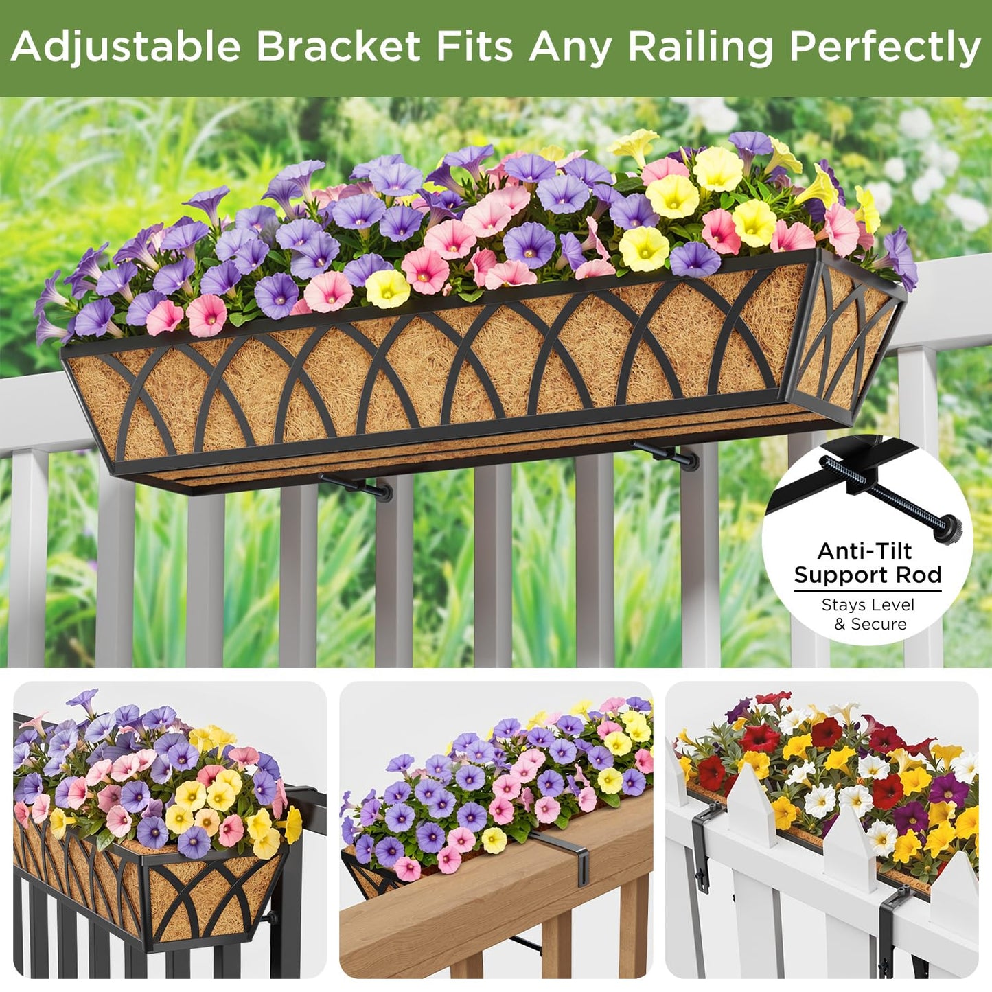 Y&M Railing Planter Boxes, Metal Hanging Balcony Planter, Adjustable Deck Railing Planter for Fence, Window Boxes Outdoor, Heavy Duty Flower Box for Porch Rail-30inch 4pcs