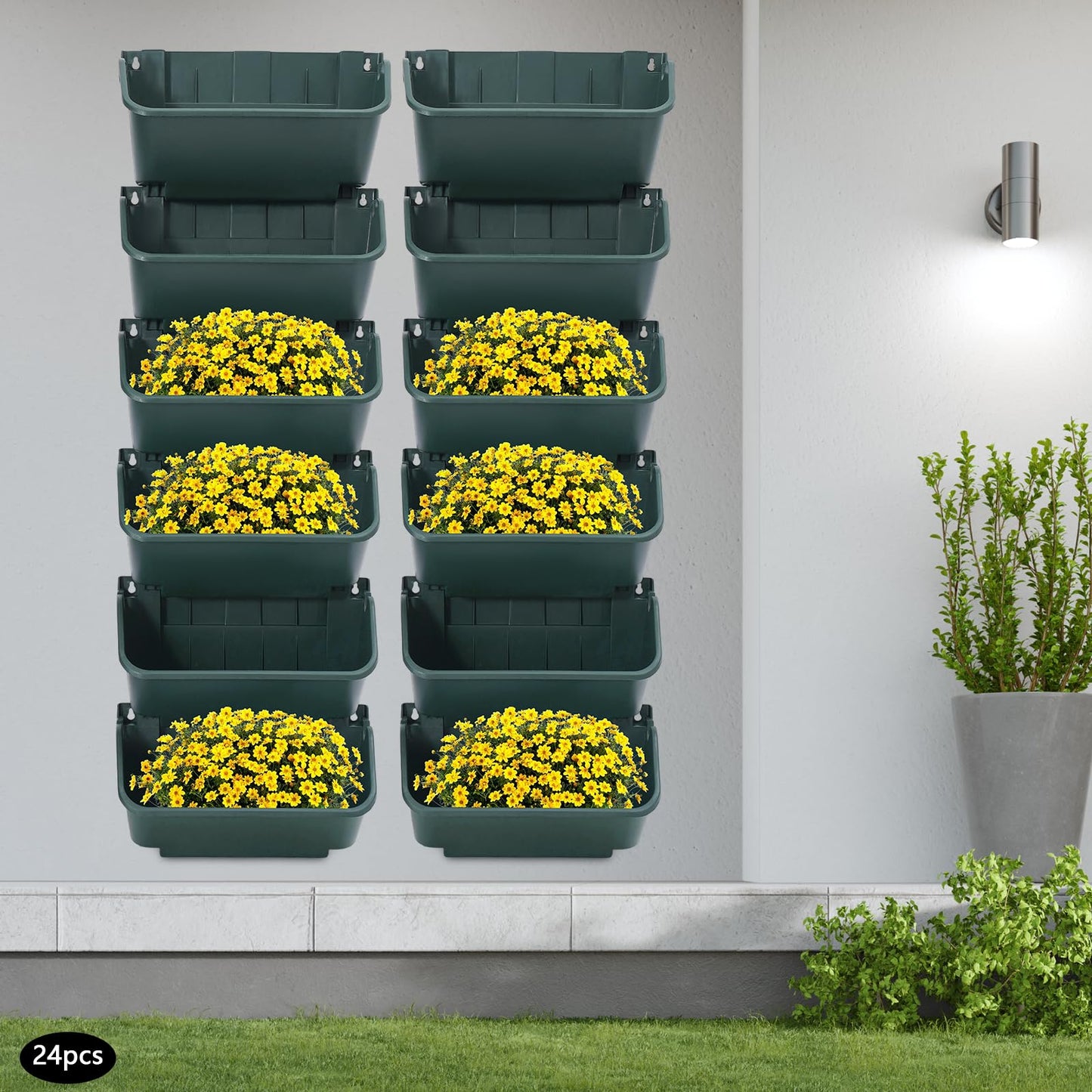 Eapmic Vertical Wall Planter with 24 Pots, Hanging Garden Plant Flowerpot Holder, Stackable Wall-Mounted Planter, Balcony Planters for Flowers Vegetables Fruits (Army Green, 24 Pots)
