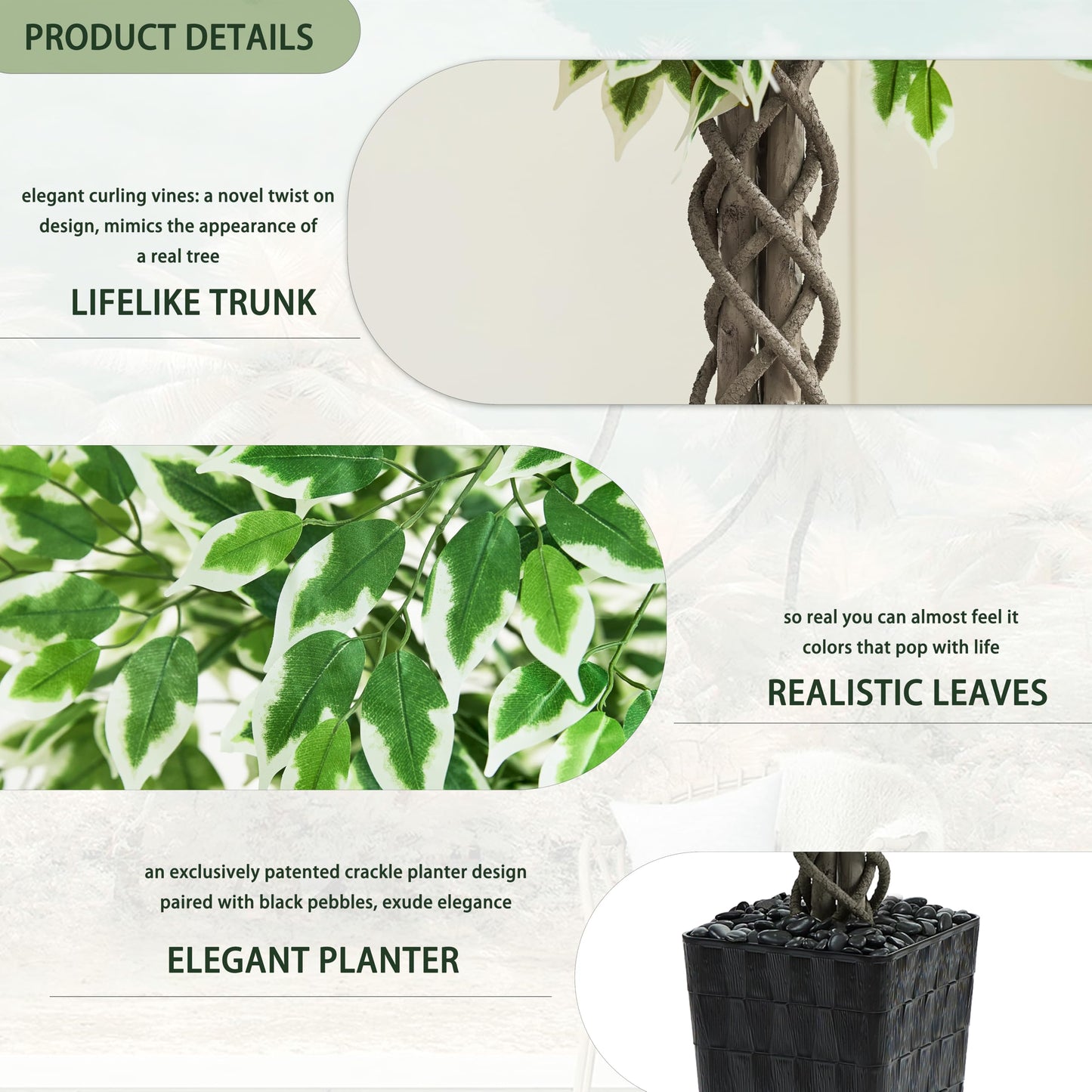 Artificial Ficus Tree Indoor 6FT Fake Plants Large Artificial Plant with Crack Black Tall Planter, Green Lifelike Lush Fake Ficus Tree for Home Living Room Bedroom Outdoor Balcony House Office Decor