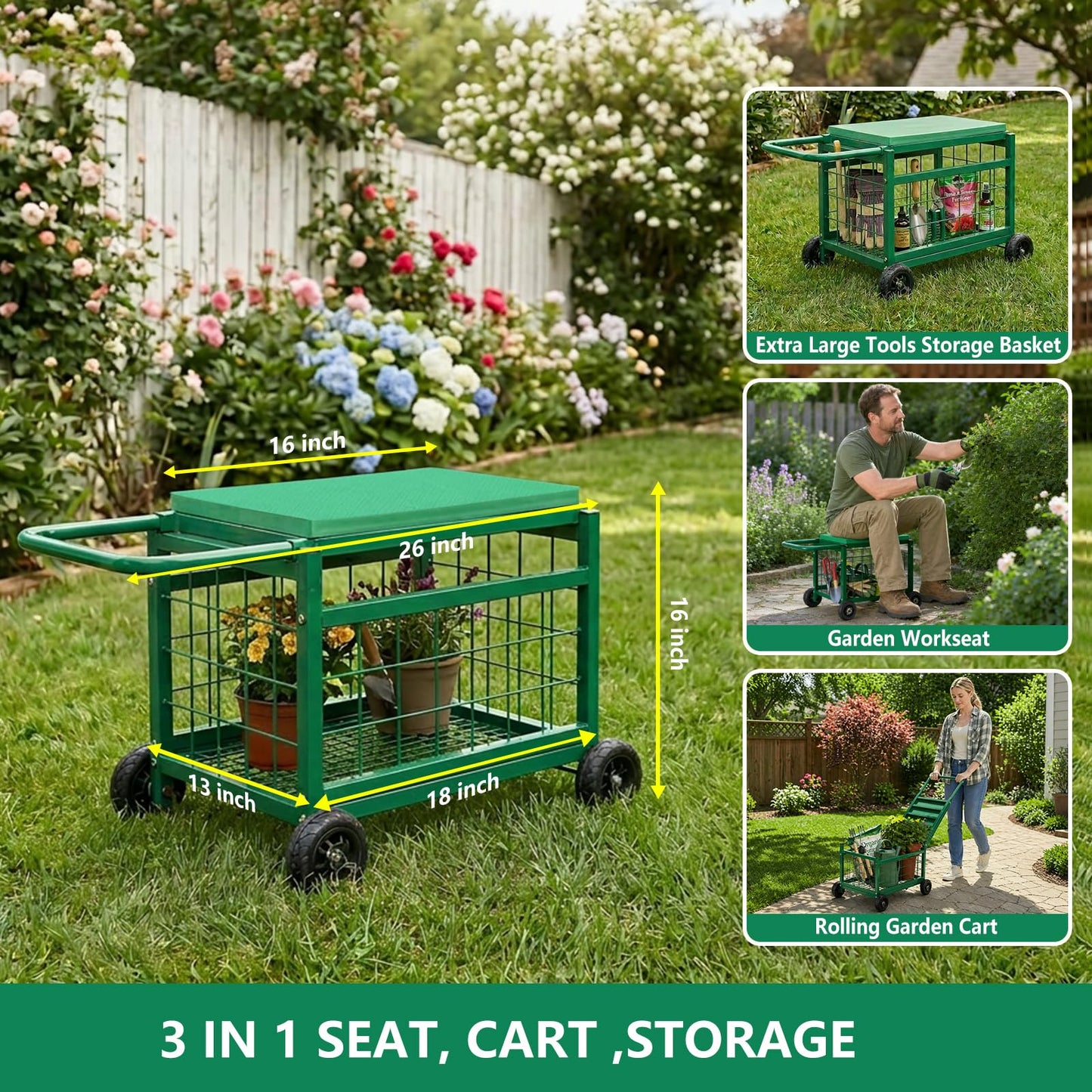 STARREY Garden Seat with Wheels, Rolling Garden Stool Heavy Duty Gardening Cart with Seat and 20 Quart Storage Space Use for Patio, Yard, and Outdoors