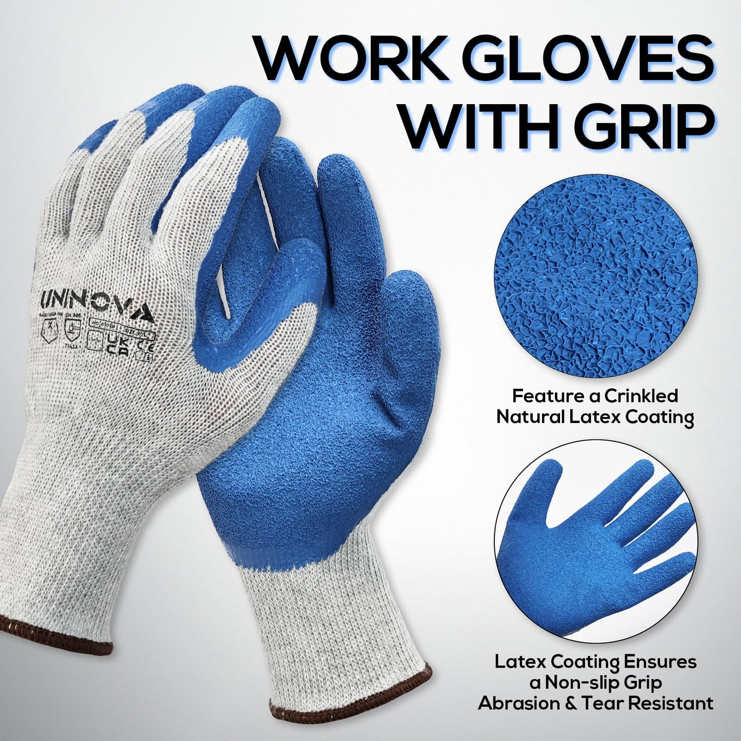 UNINOVA Work Gloves, Crinkle Rubber Latex Palm Coating, Safety Work Gloves with Grip, Non-slip Bulk for Men Women, Construction Warehouse General Handling(Medium,12Pairs)