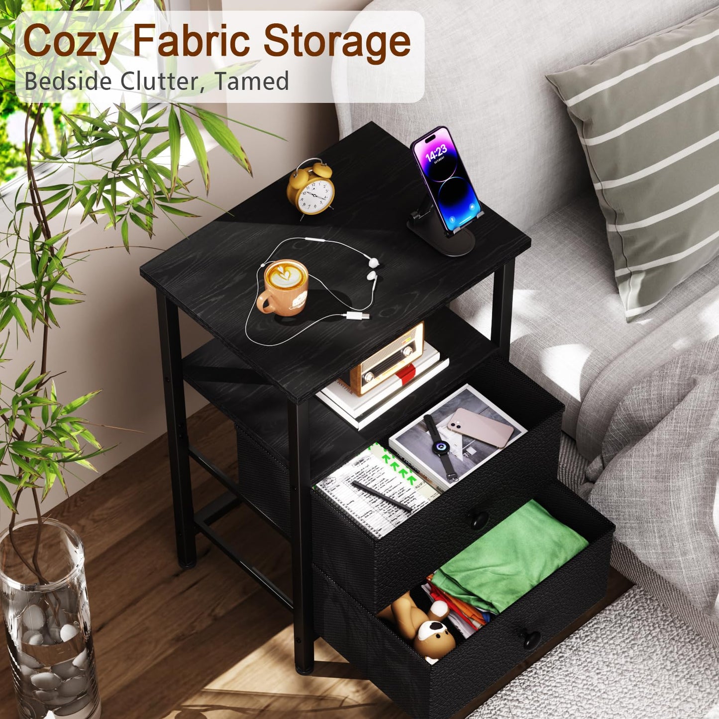 LOAKEKEL Night Stand, Nightstand with 2 Fabric Drawers for Bedroom, Small End Table with Open Storage Shelf for Living Room, Bedisde Table for Apartment, Black, HETS002BK-1
