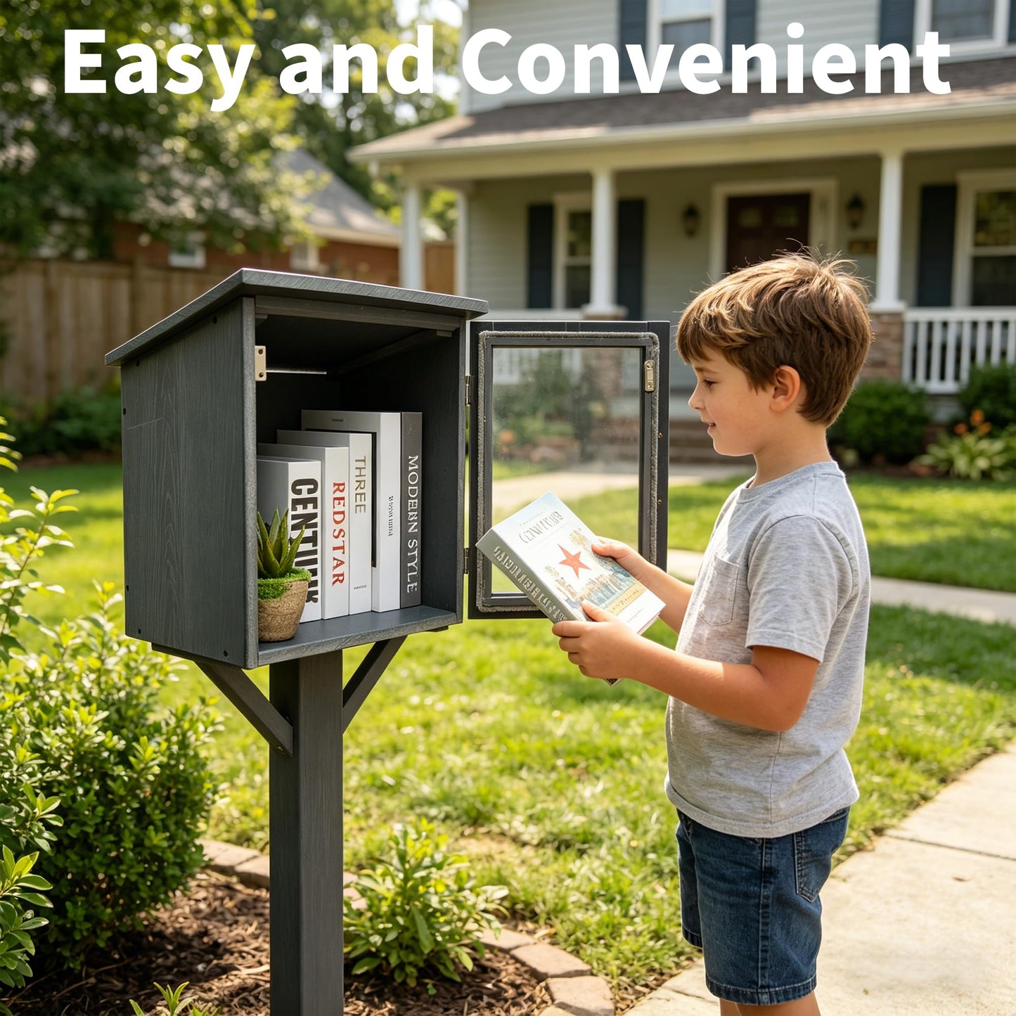 BplusZ Little Library Box Outdoor Waterproof HDPE Book Storage Small Deck Patio Resin Cabinet Bin Outside Free Shed Container for Lending Neighborhood Community, Gray