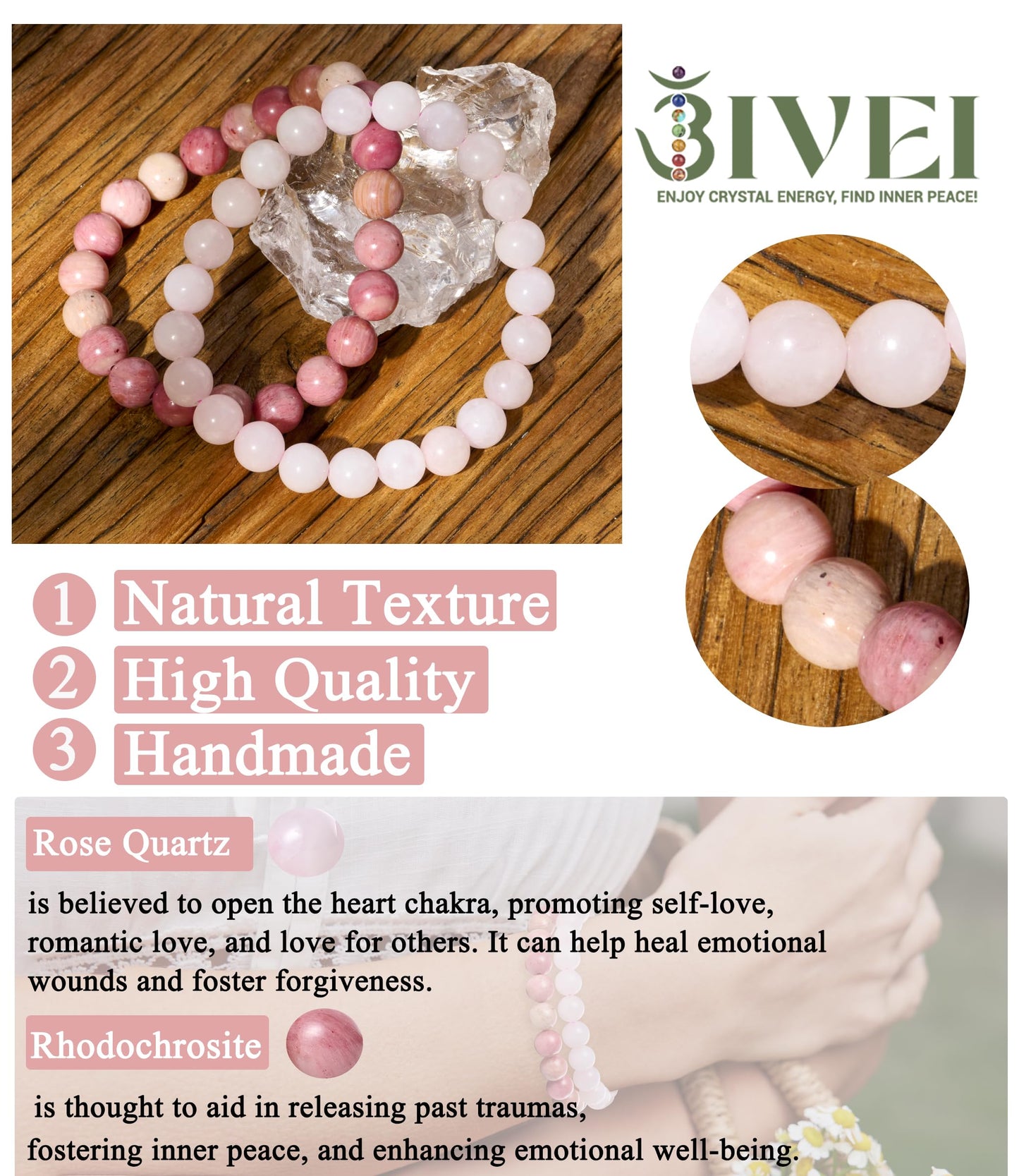 Bivei Natural Gemstone Semi Precious Crystals Handmade Stretchy Round Beads Bracelet, Enhance Positive Energy,Stocking Stuffers for Women(Rose Quartz & Rhodochrosite (Self Love) Medium)