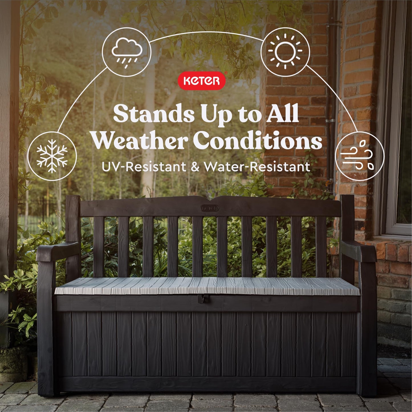 Keter Solana 70 Gallon Storage Bench Deck Box for Patio Furniture, Front Porch Decor and Outdoor Seating – Perfect to Store Garden Tools and Pool Floats, Graphite