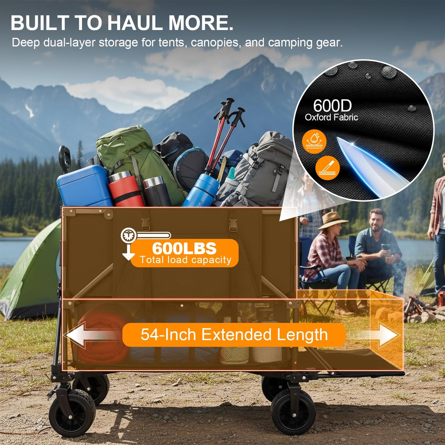 Double Decker Wagon Heavy Duty Collapsible, 600LBS 400L Capacity Foldable Utility Cart with Big Wheels for Beach, Outdoor, Camping & Gardening, Durable Steel Frame