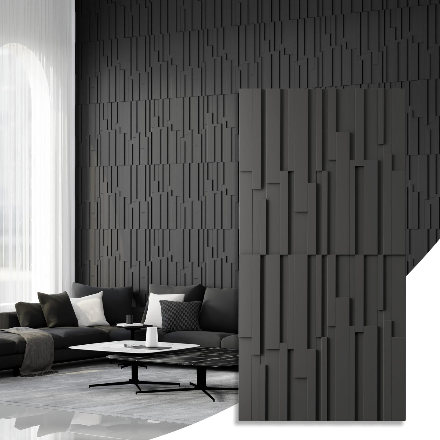 janasse Large PU Decorative Wall Panels, 4-Pack Covers 31 Sq.Ft – 47.2" × 23.6" 3D Architectural Accent Wall Panels for Living Room, TV Wall, Office & Commercial Spaces (Black)