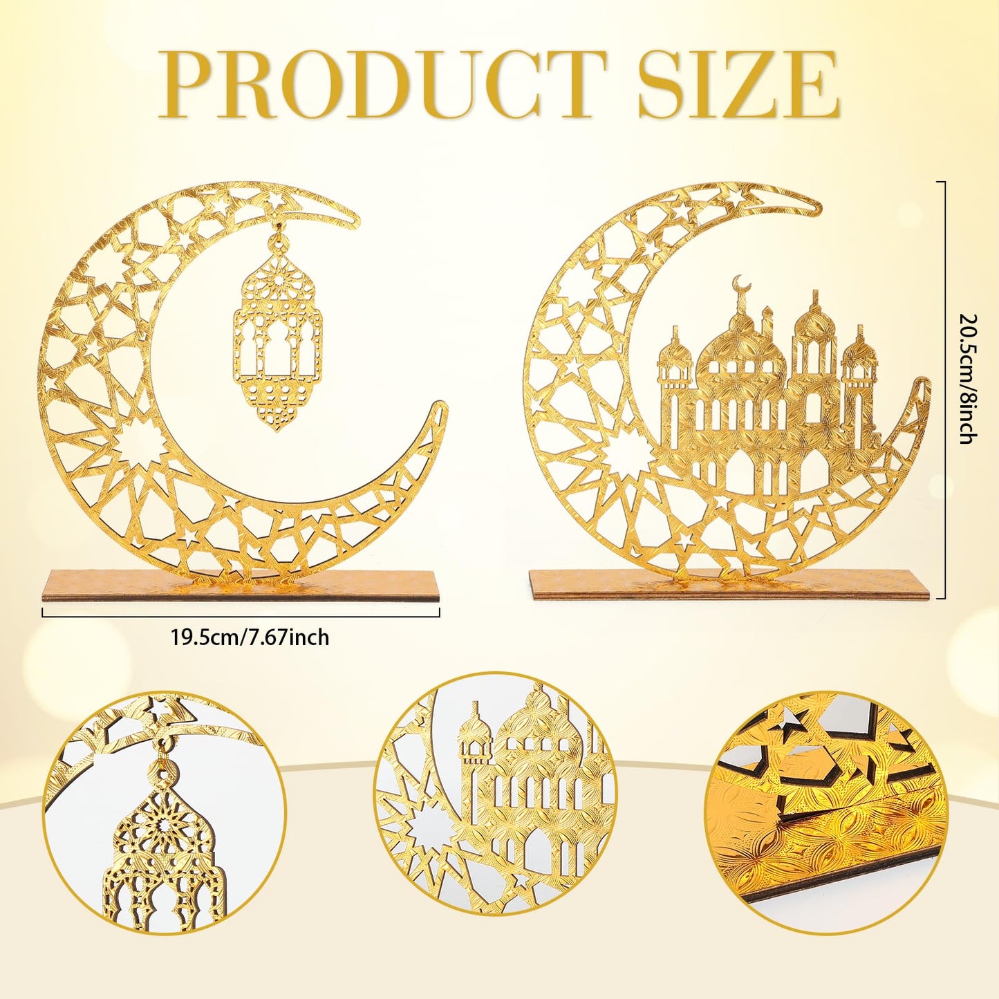 Hinsly Wood Ramadan Decorations for Home Islamic Eid Mubarak Kareem Table Sign Moon Hollow Star Ornament for Muslim Party Tabletop Decor Art Craft Decoration Golden Moon 2 Pieces