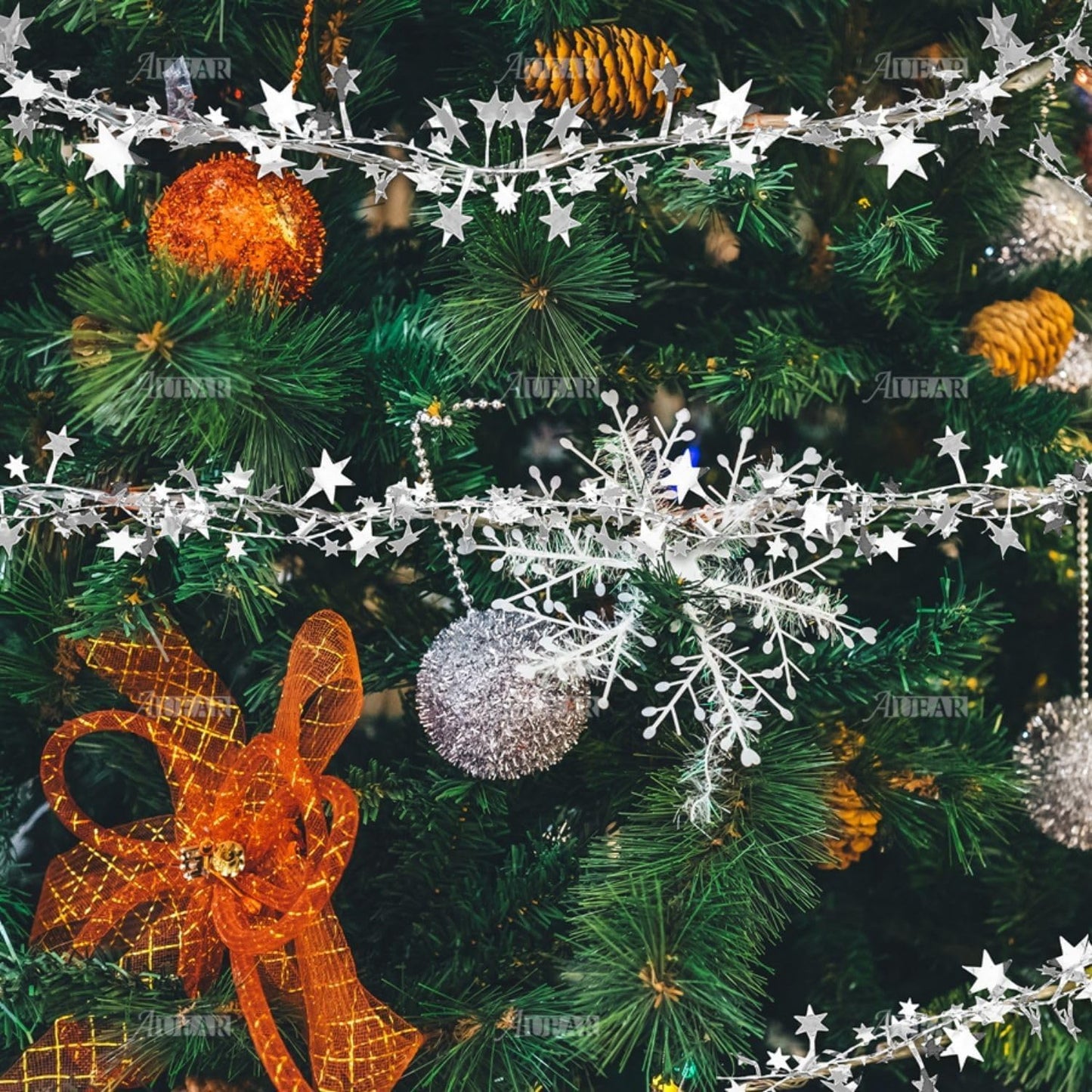 AUEAR, 2 Rolls 50 Ft Silver Sparkly Star Tinsel Garlands with Wire Christmas Decorations for Xmas Tree Home Wedding Birthday Party Festive Ornament