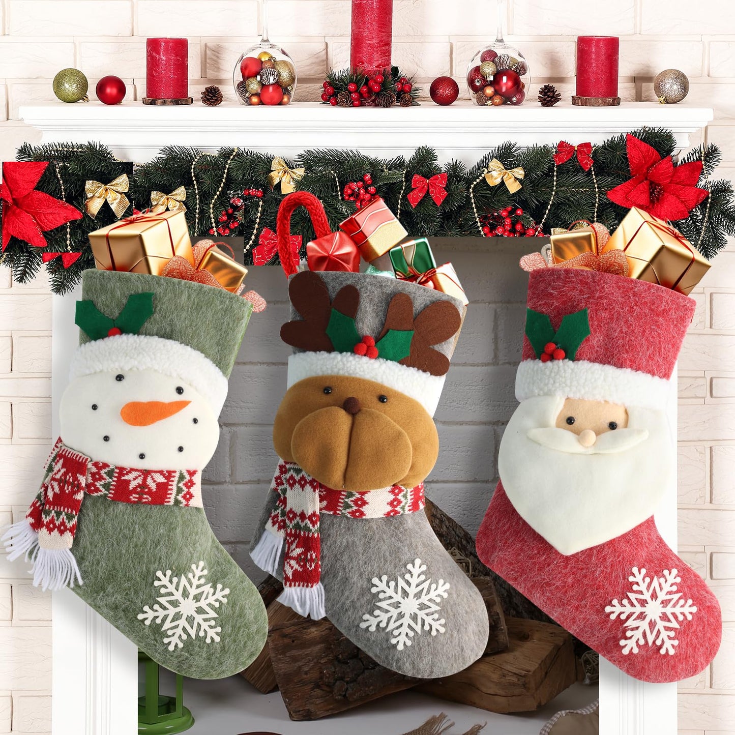 Fruasio 18.5 Inch Christmas Stockings for Hanging Set for 3, Large Xmas Fireplace Mantel Socks with Snowman, Reindeer & Santa, Classic Holiday Hanging Decorations for Home, Party & Gift Stuffers