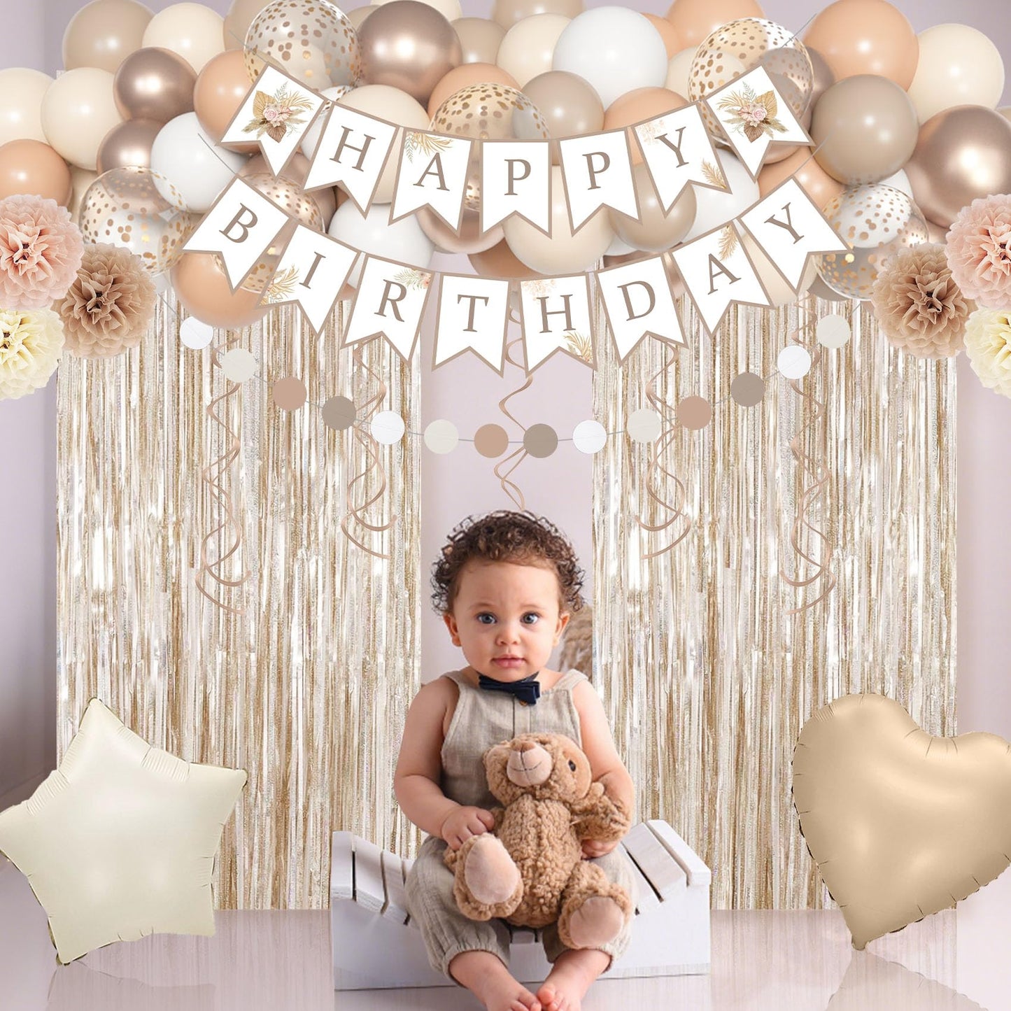 Birthday Decorations for Women, Beige Cream Neutral White Sand Confetti Balloons Boho Happy Birthday Banner Fringe Curtains Hanging Swirls Circle Dots Tassels Pompoms Women Girls Party Supplies
