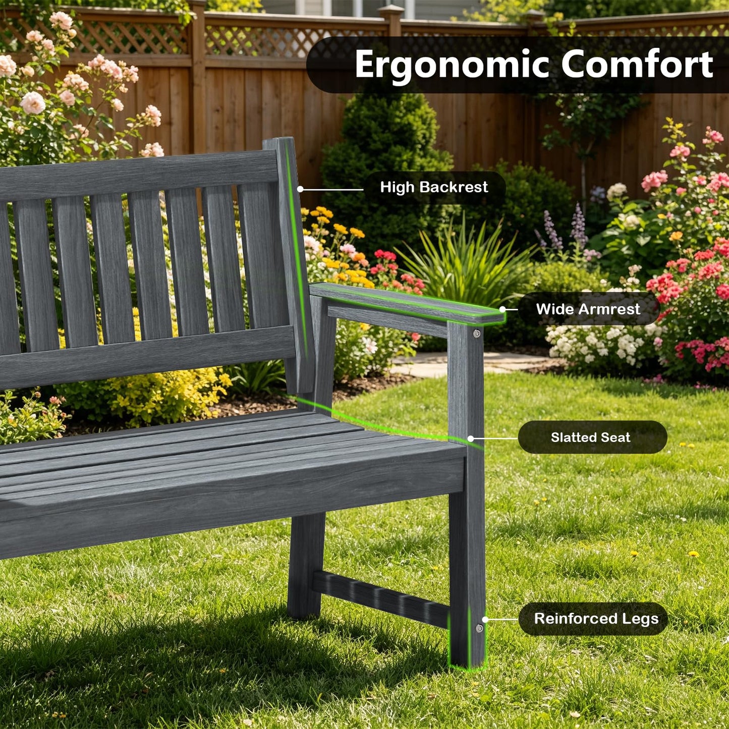 ACUEL Outdoor Bench, 2-Person Garden Bench, Poly Lumber Patio Bench for Outdoors, Porch, and Park (Dark Grey)