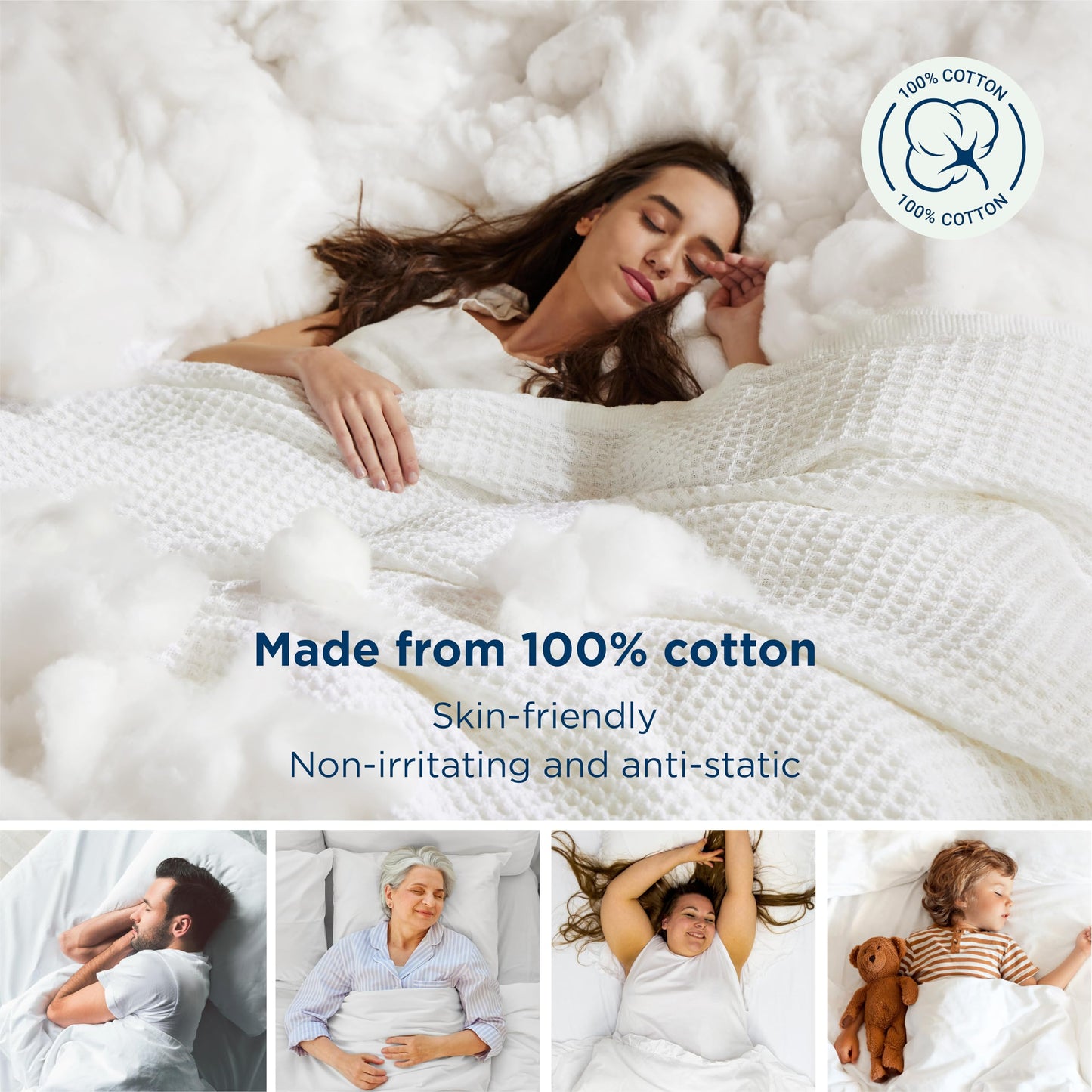 Bedsure Gentlesoft 100% Cotton Blanket Queen Size for Bed - Cooling Breathable and Soft for Spring Summer, Thick Cozy Waffle Weave Blanket Gifts for Women, White, 90x90 Inches