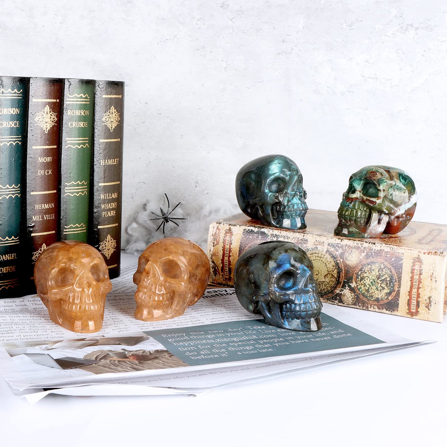LEADGEM 3.0" Ocean Jasper Crystal Skull Head Decor Figurine Healing Stone Carved Sugar Skull Stutue Sculpture Ornament for Day of Dead Decorations Home Office