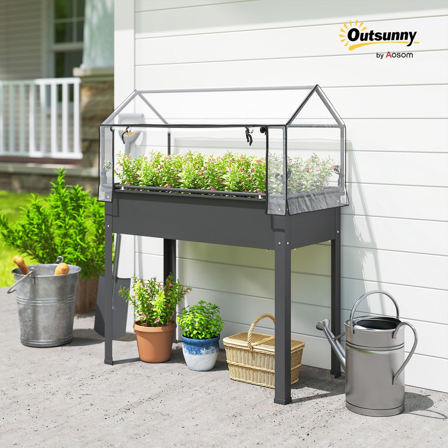 Outsunny Raised Garden Bed with Greenhouse Cover, Elevated Planter Box with Legs and Drainage Hole for Vegetables Flowers Herbs, 39.4" x 18.9" x 48.8", Dark Gray