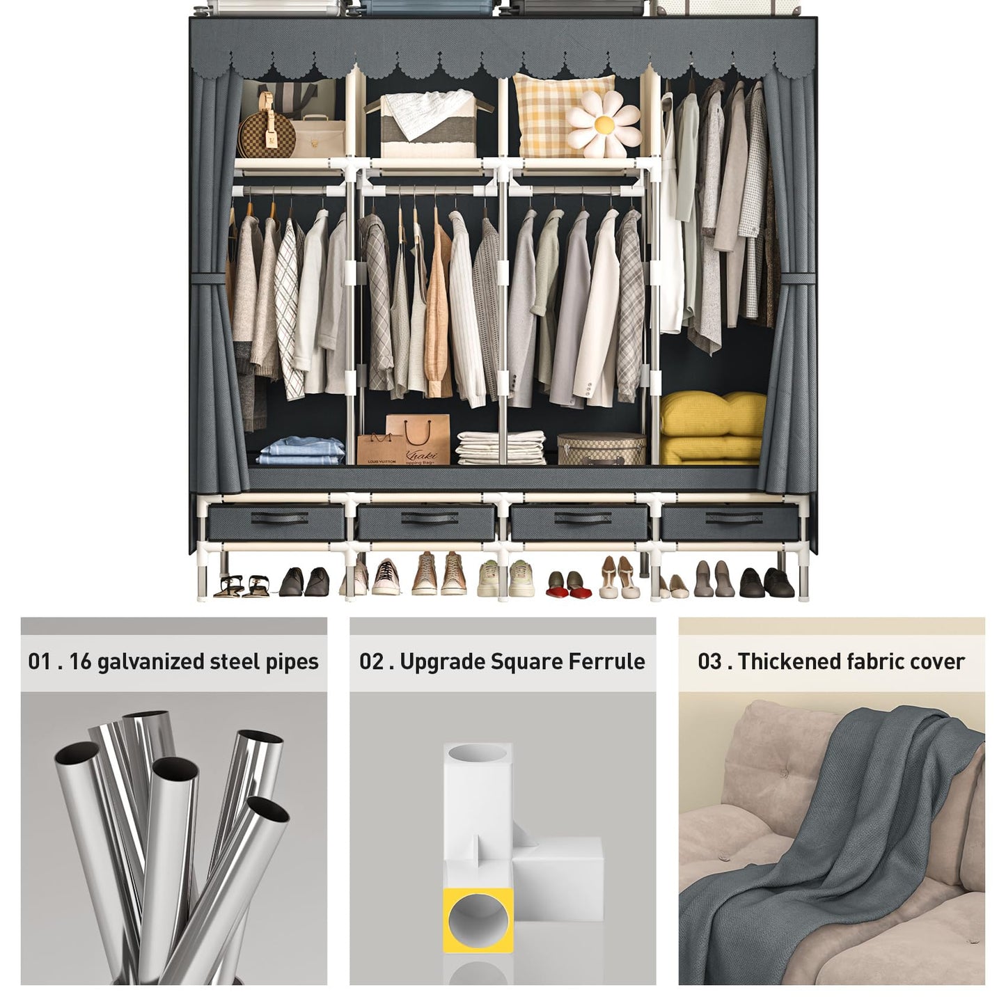 LEAIJIAFY Large Portable Wardrobe with 4 Hanging Rods and Drawers, Armoire, Metal Storage Wardrobe Hangers, Upgraded Grey Non-Woven Dust Cover for Handing Closet,Large Closets for Bedroom