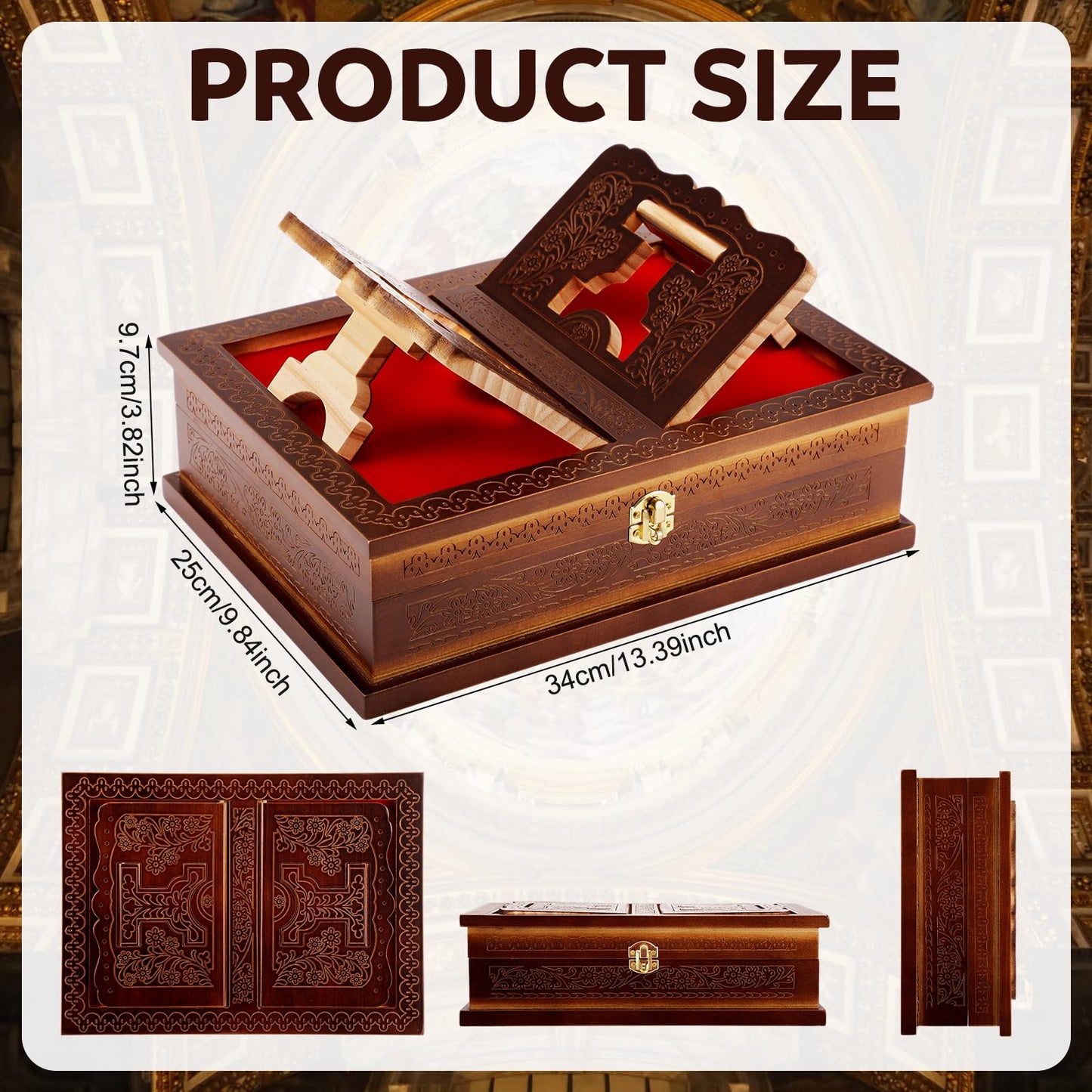 Yalikop Wooden Rehal Box Beautifully Holy Book Stand Box Quran Bible Holder Foldable Ramayan Stand Religious Rehal Display Decor for Geeta GURU Granth Sahib Prayer Holy First Communion