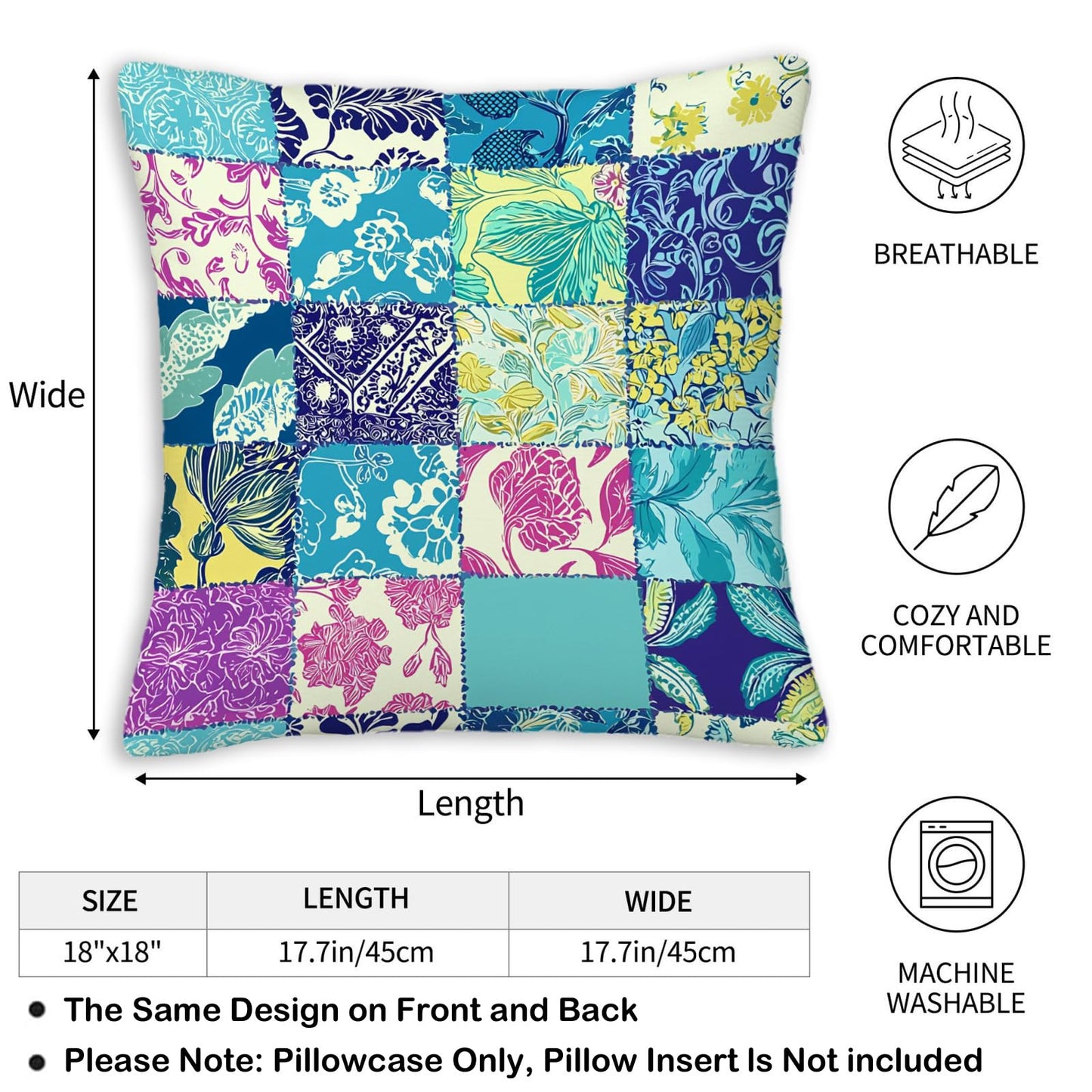 NenuVainl Throw Pillow Covers 18x18 Set of 2,Patchwork-Inspired Print Cushion Covers, Decorative Square Pillowcases for Couch, Bedroom, Living Room